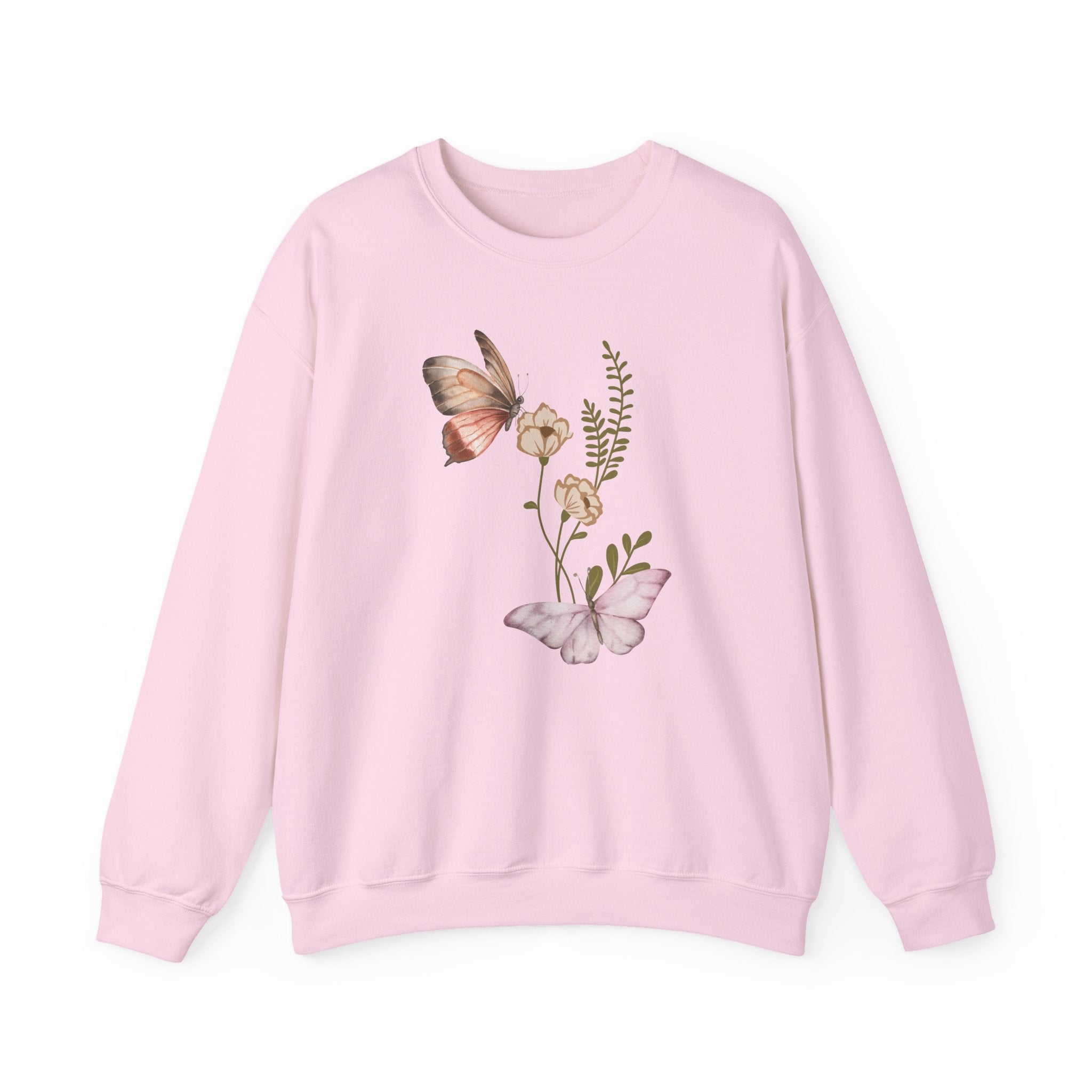 Pink sweatshirt with butterfly and floral design on a white background