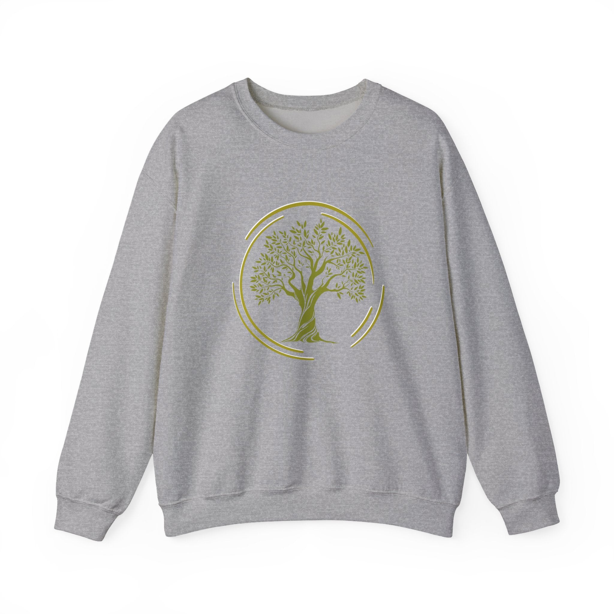 Gray sweatshirt with a green tree design on a white background
