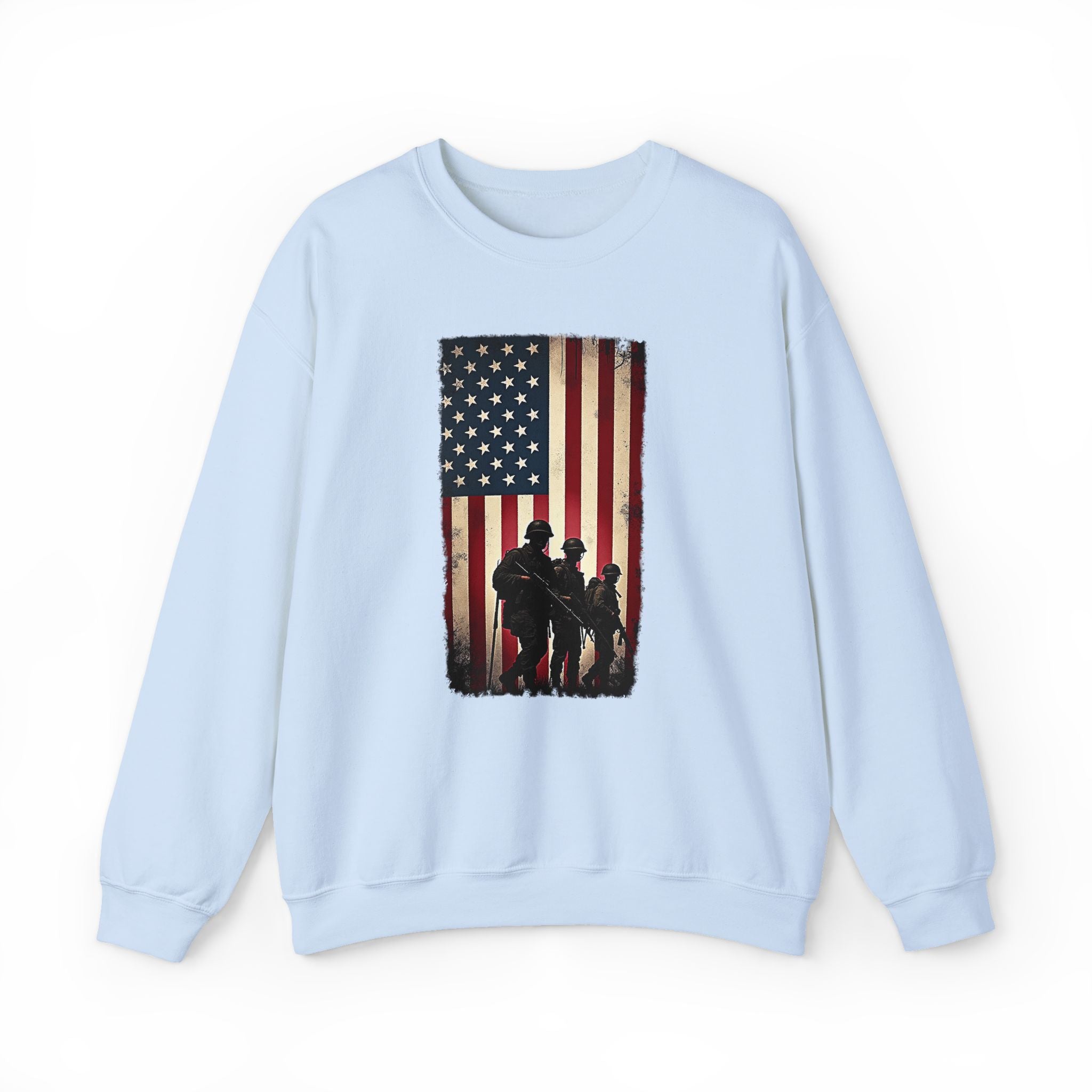 Light blue sweatshirt with American flag and silhouette design on a white background