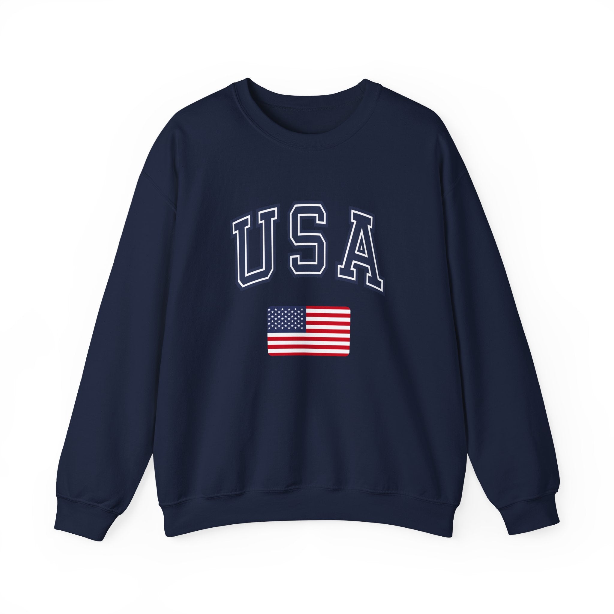 Navy blue sweatshirt with 'USA' and American flag on a white background