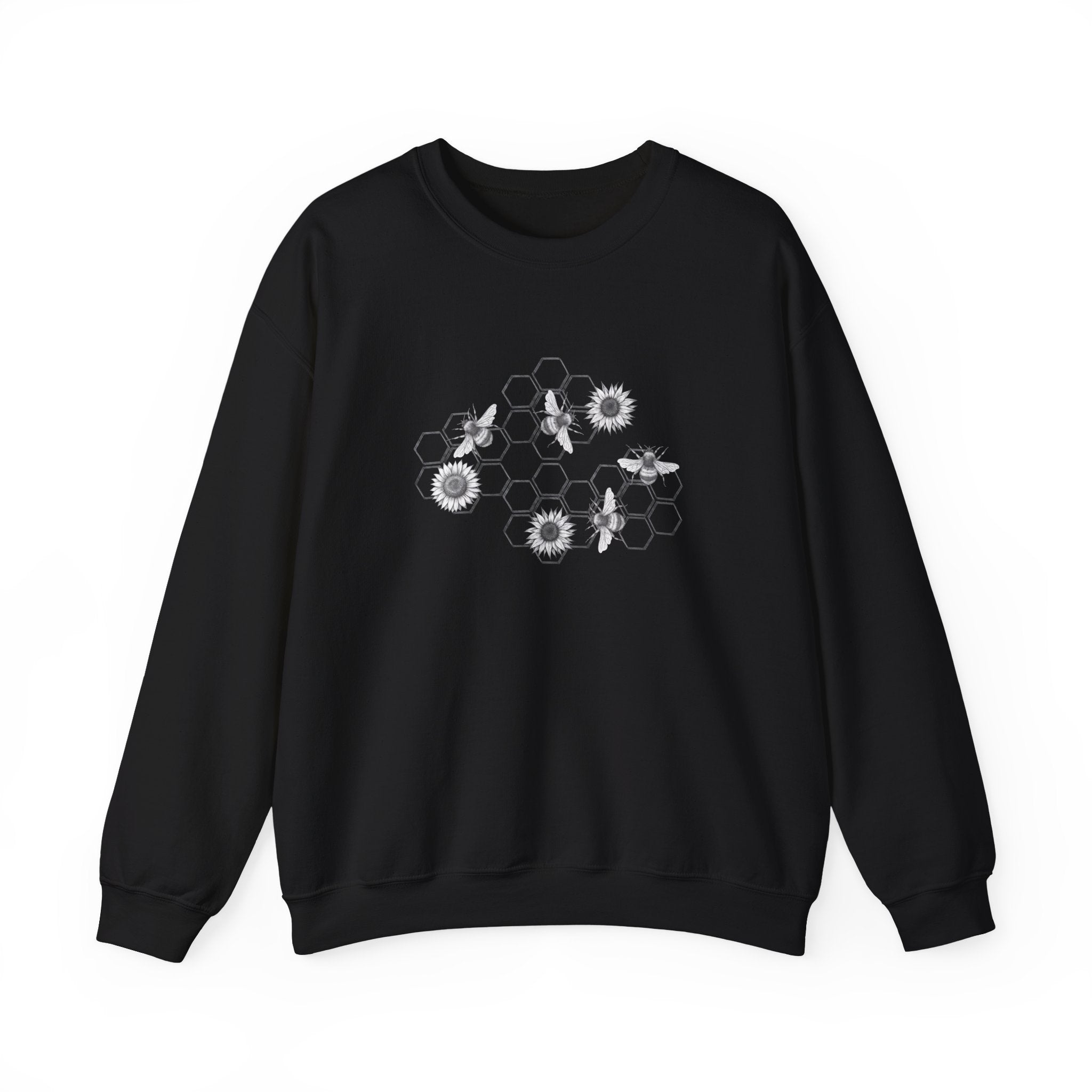 Black sweatshirt with bee and flower pattern on a white background