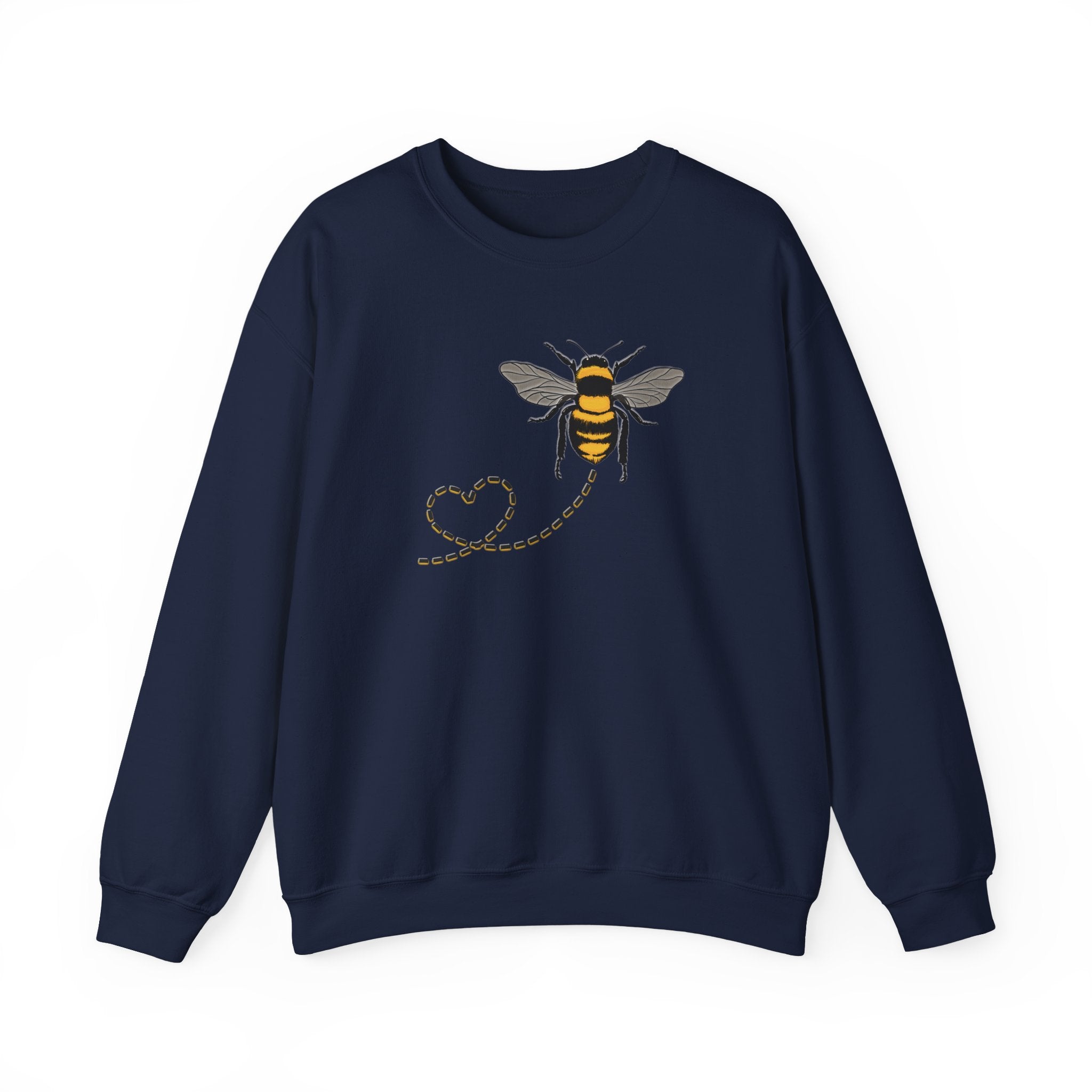 Navy blue sweatshirt with a bee and dotted heart design on a white background