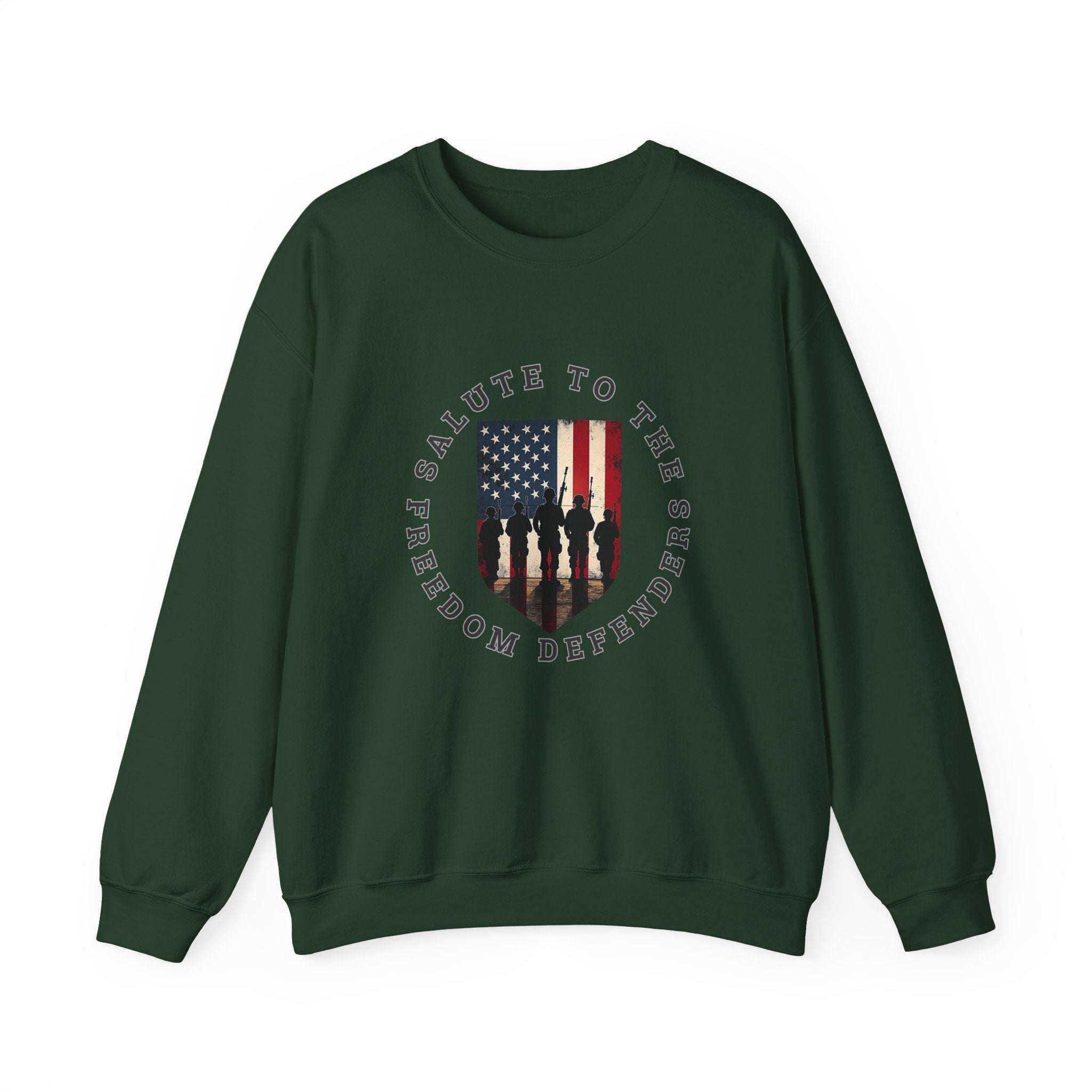 Green sweatshirt with American flag and text design on a white background