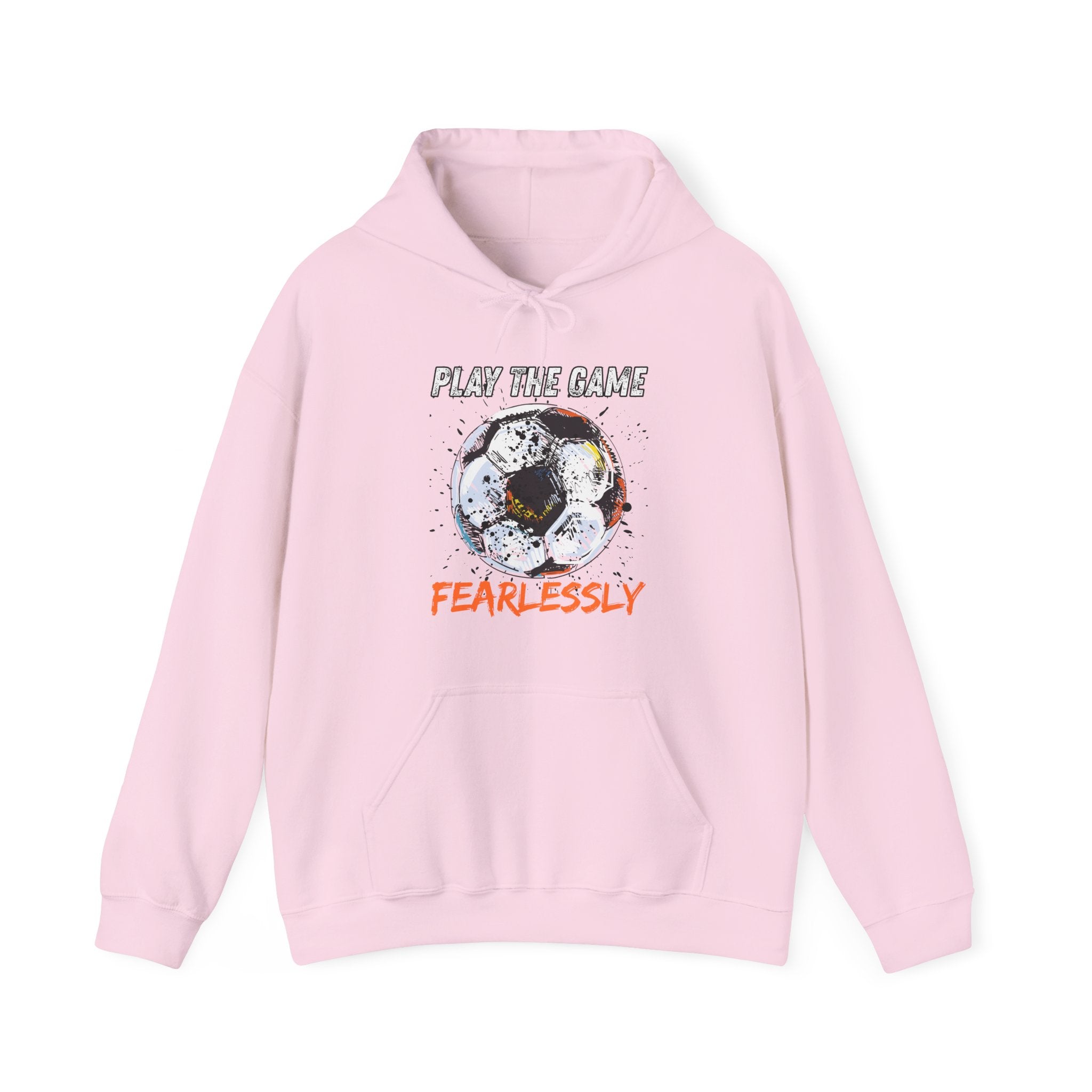 Pink hoodie with dirty soccer ball graphic and play the game fearlessly text on a white background