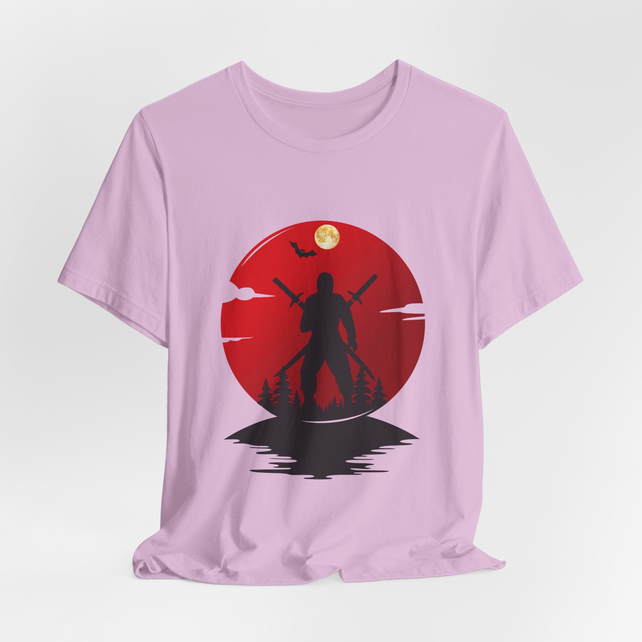 Purple t-shirt with a red circular design featuring a silhouette of a person holding an umbrella against a moonlit sky.