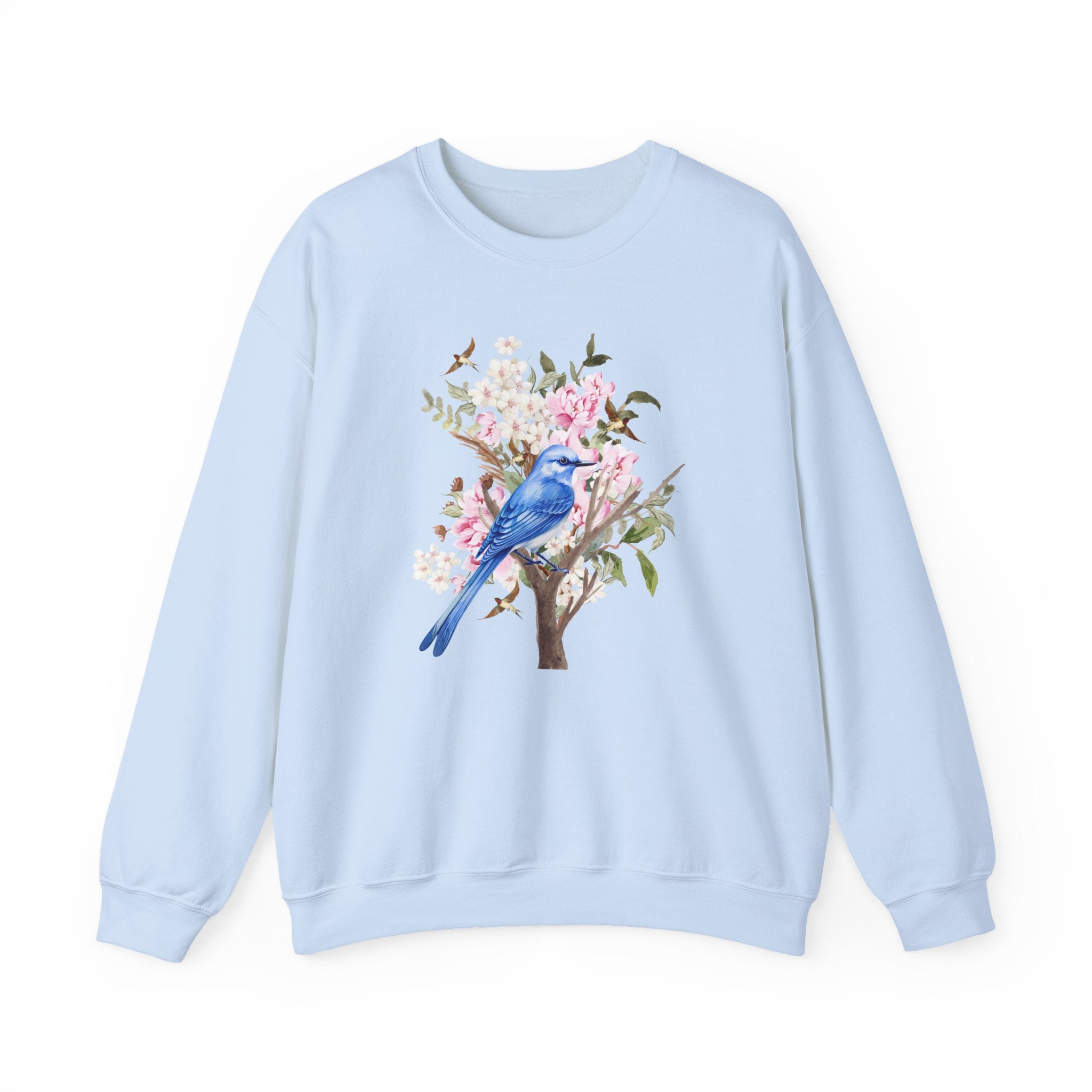 Light blue sweatshirt with a bird and floral design on a white background