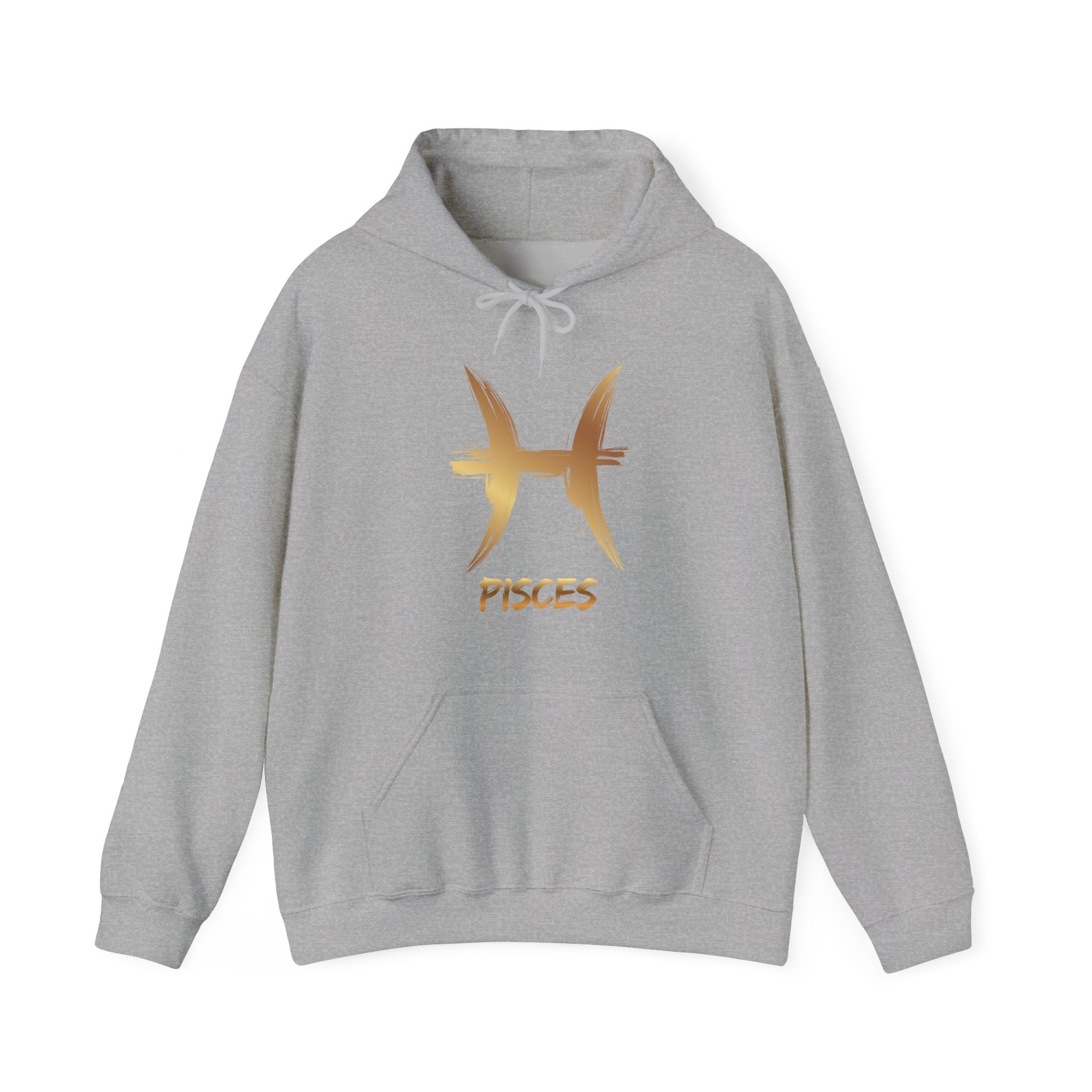 Gray hoodie with gold Pisces symbol and text on a white background