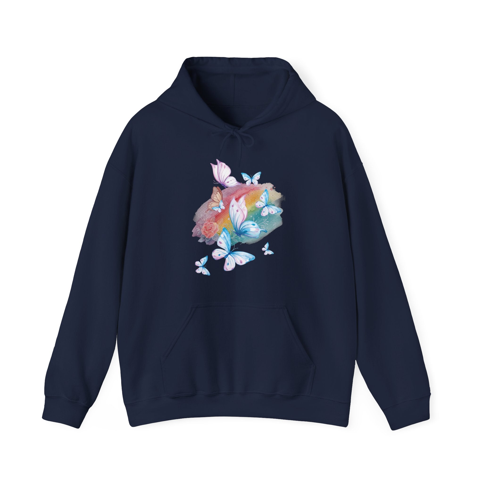 Navy blue hoodie with colorful butterfly design on a white background