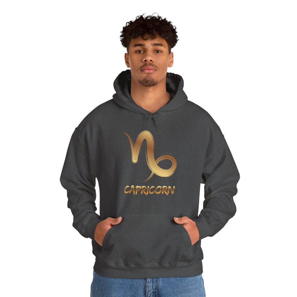 Person wearing a dark gray hoodie with Capricorn symbol and text on a white background