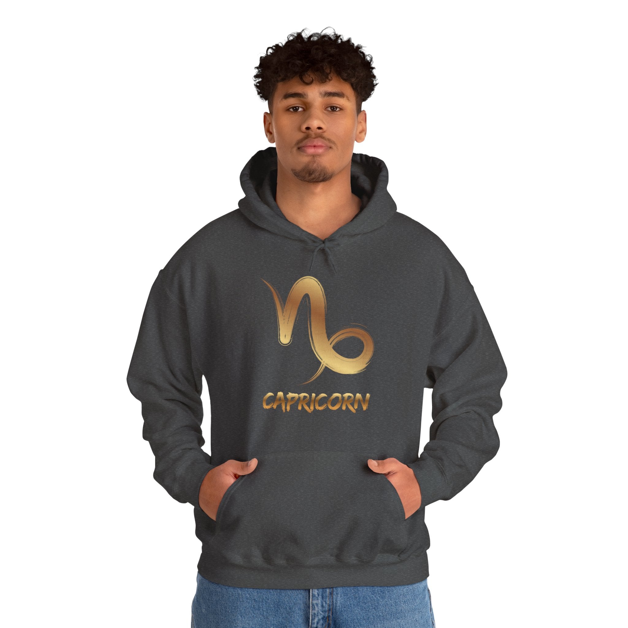 Person wearing a dark gray hoodie with Capricorn symbol and text on a white background