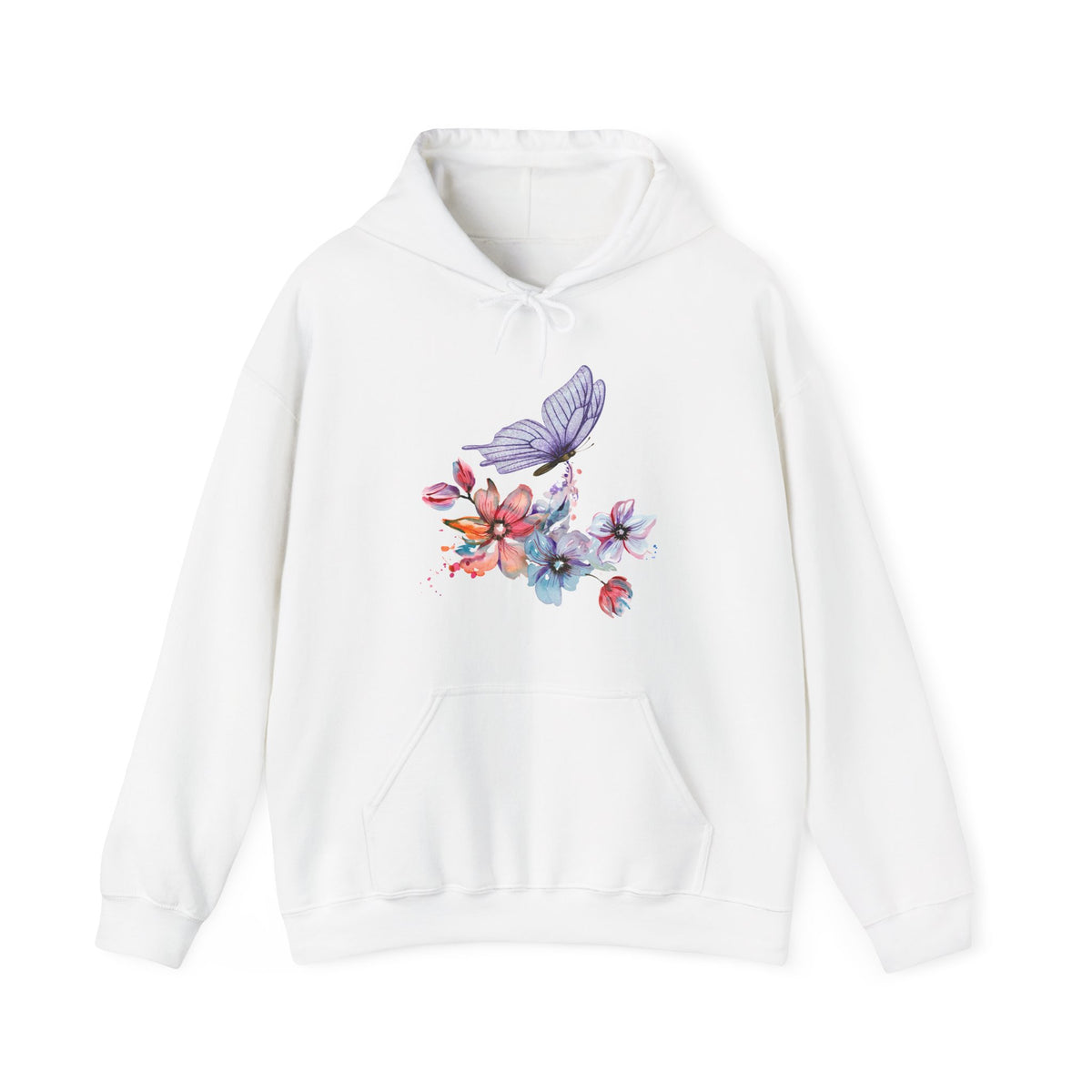 White hoodie with a colorful butterfly and flower design on a white background