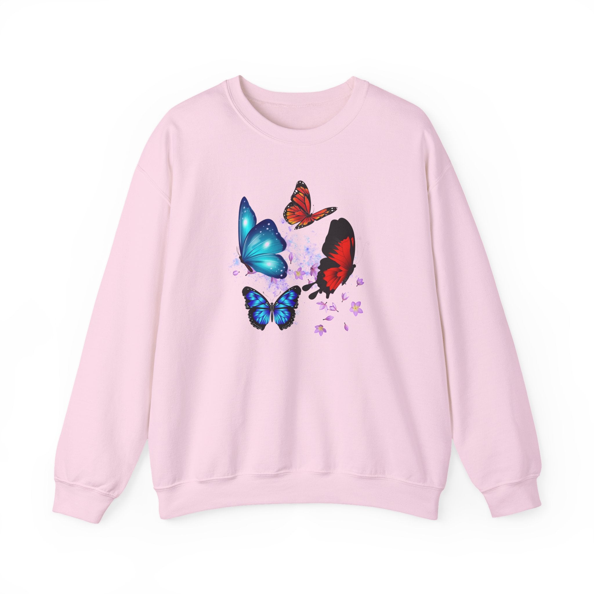 Pink sweatshirt with colorful butterfly designs on a white background