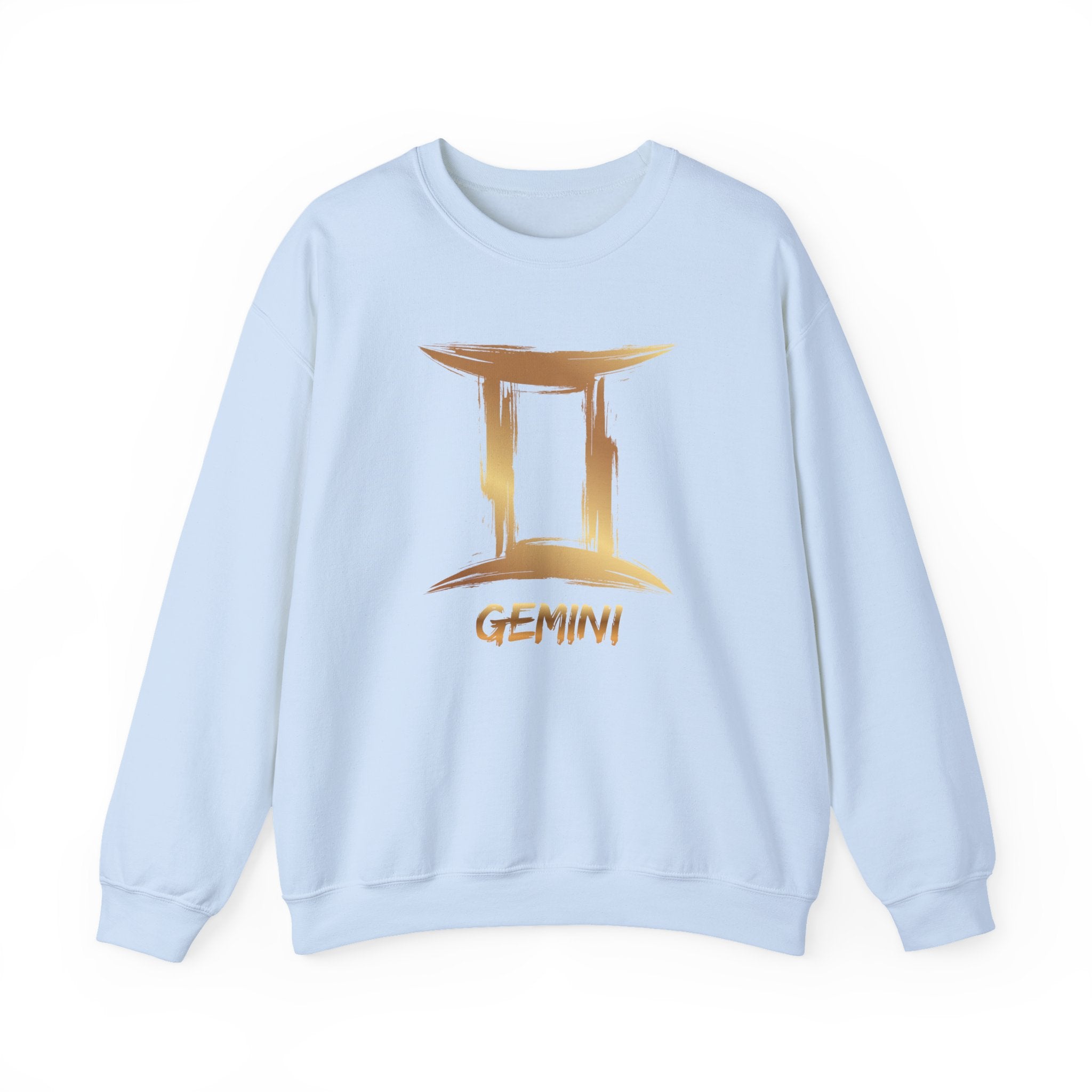 Light blue sweatshirt with gold Gemini zodiac symbol on a white background