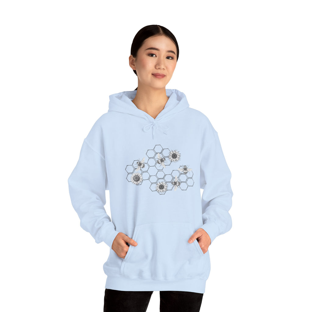 Light blue hoodie with floral and bee design on a white background