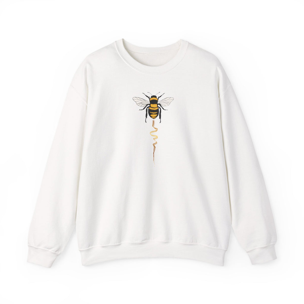 White sweatshirt with a bee design on a white background