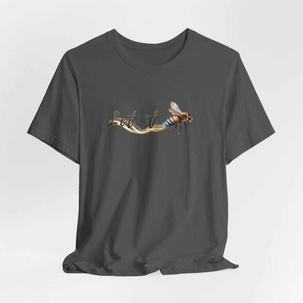 Black t-shirt with a bee graphic and text on a light gray background