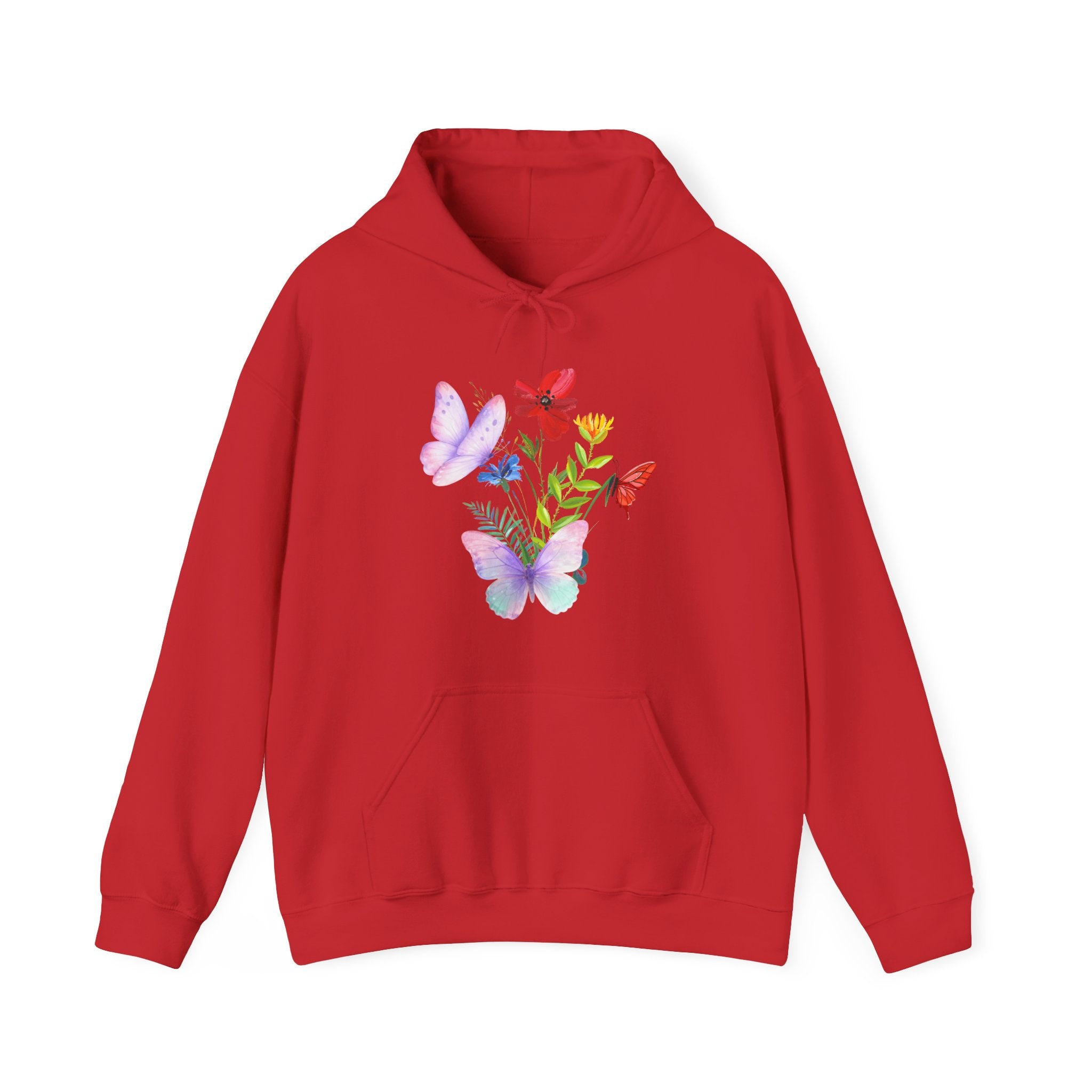 Red hoodie with butterfly and floral design on a white background