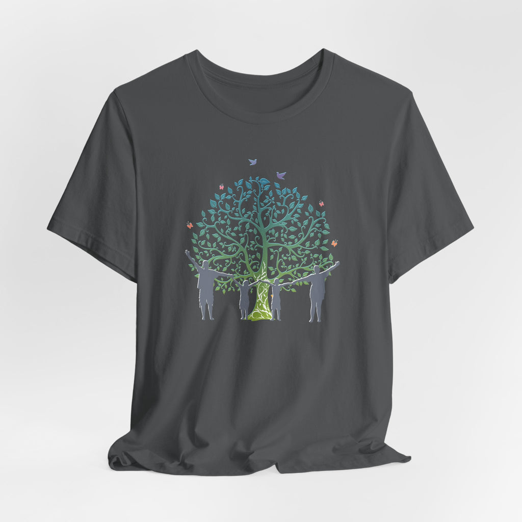Gray t-shirt with a graphic of people holding hands around a tree on a white background