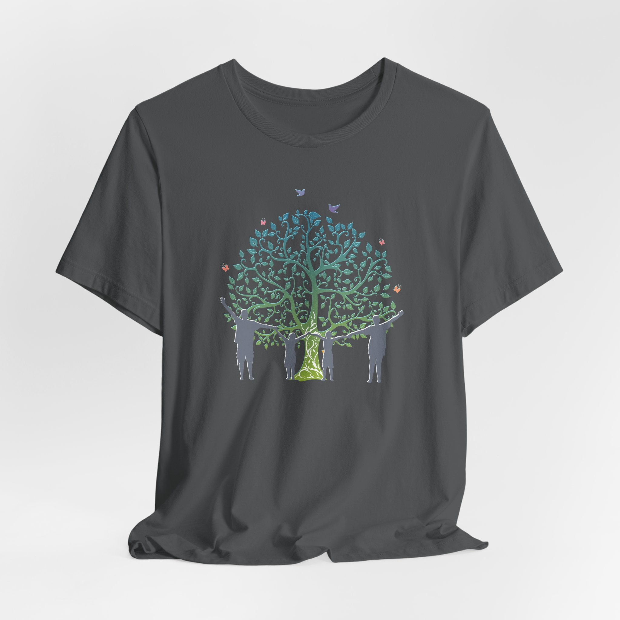 Gray t-shirt with a graphic of people holding hands around a tree on a white background