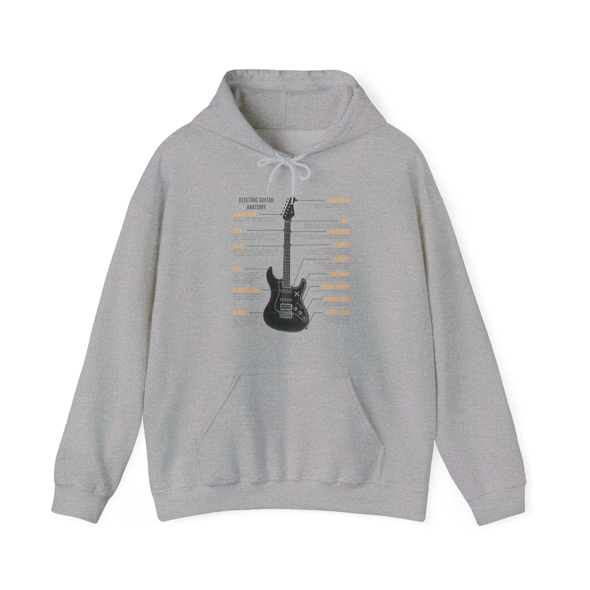 Gray hoodie with electric guitar graphic and texts on a white 