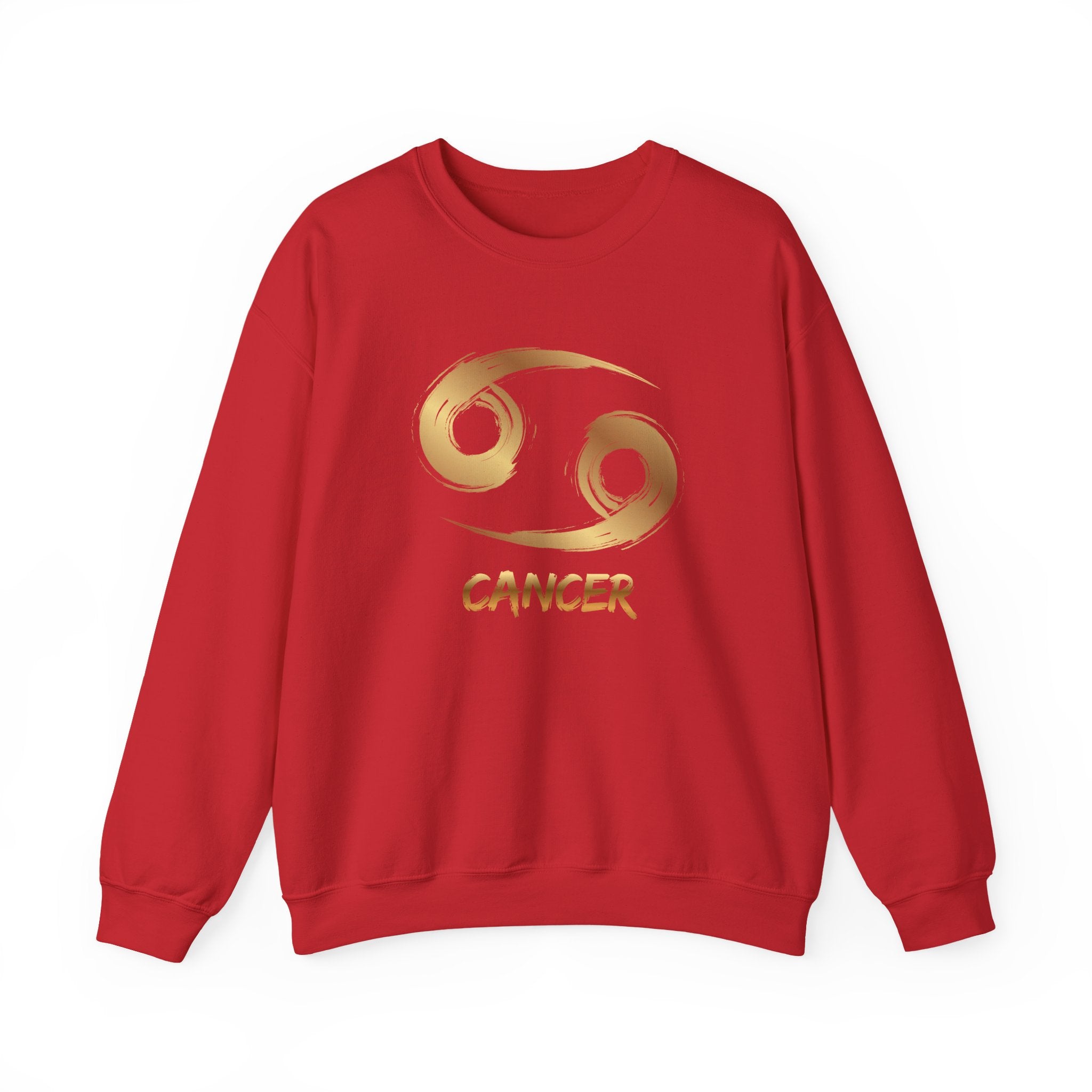 Red sweatshirt with gold Cancer zodiac symbol on a white background