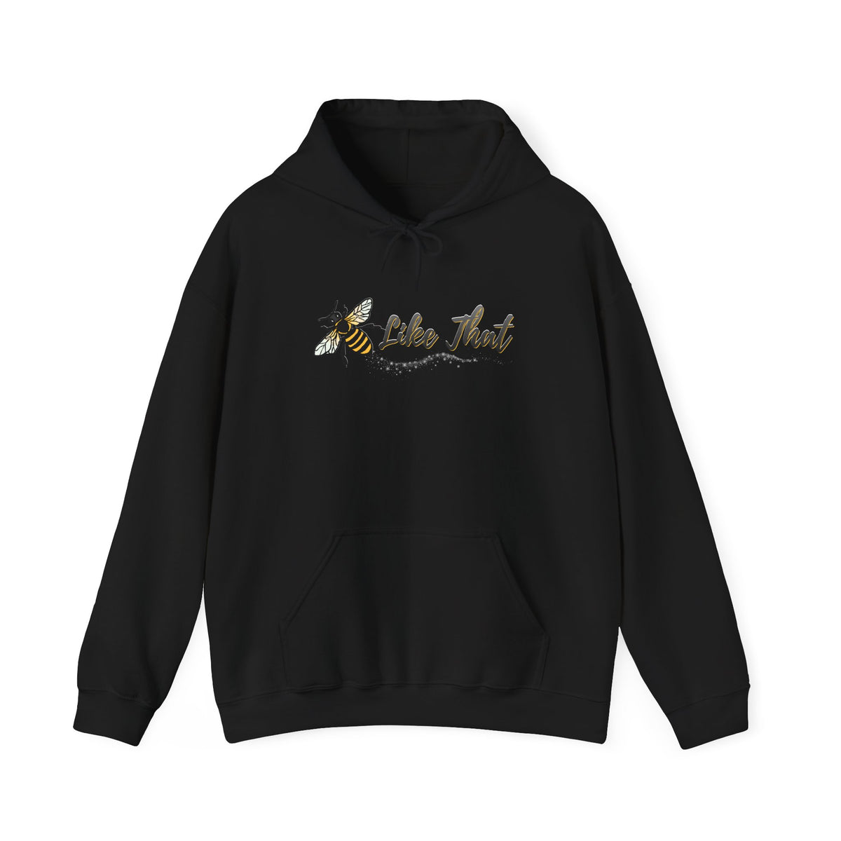 Black hoodie with a bee and text "Like  That" design on a white background