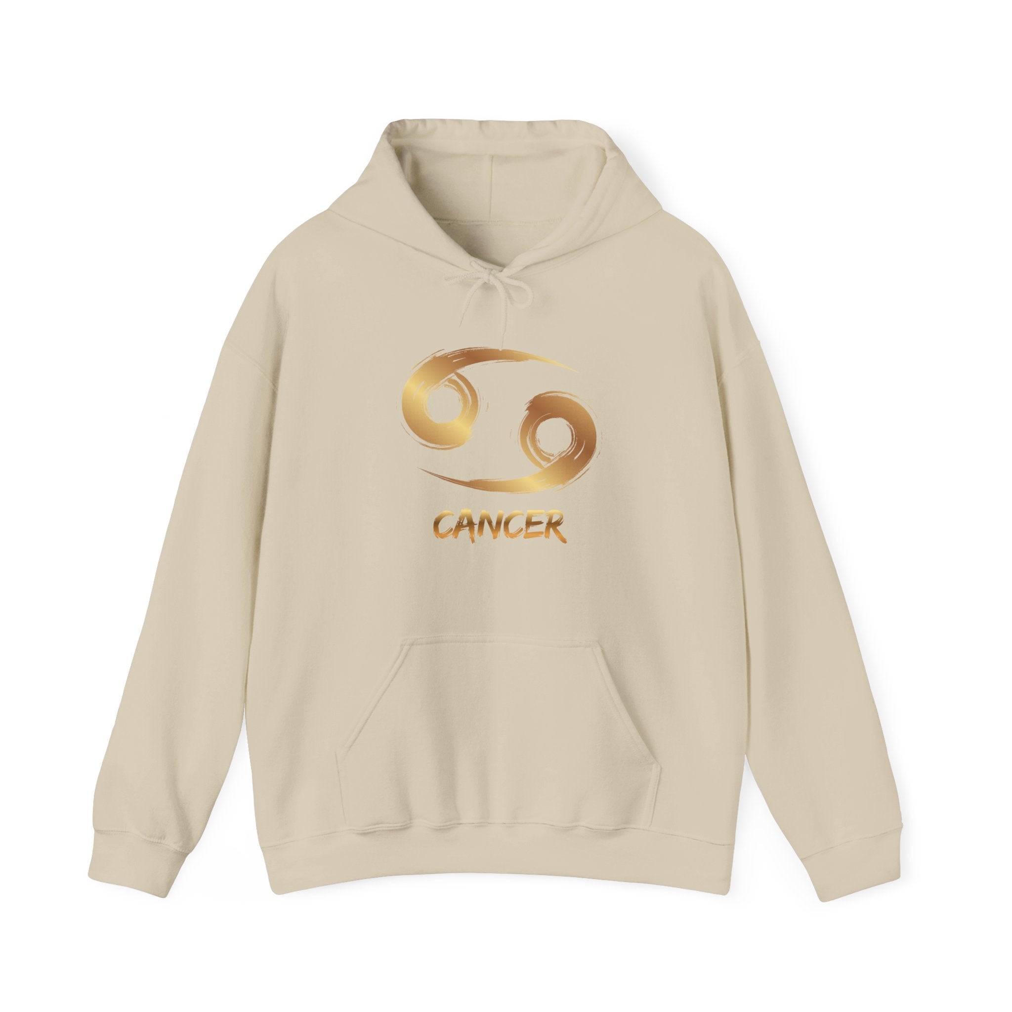 Beige hoodie with gold Cancer zodiac symbol on a white background