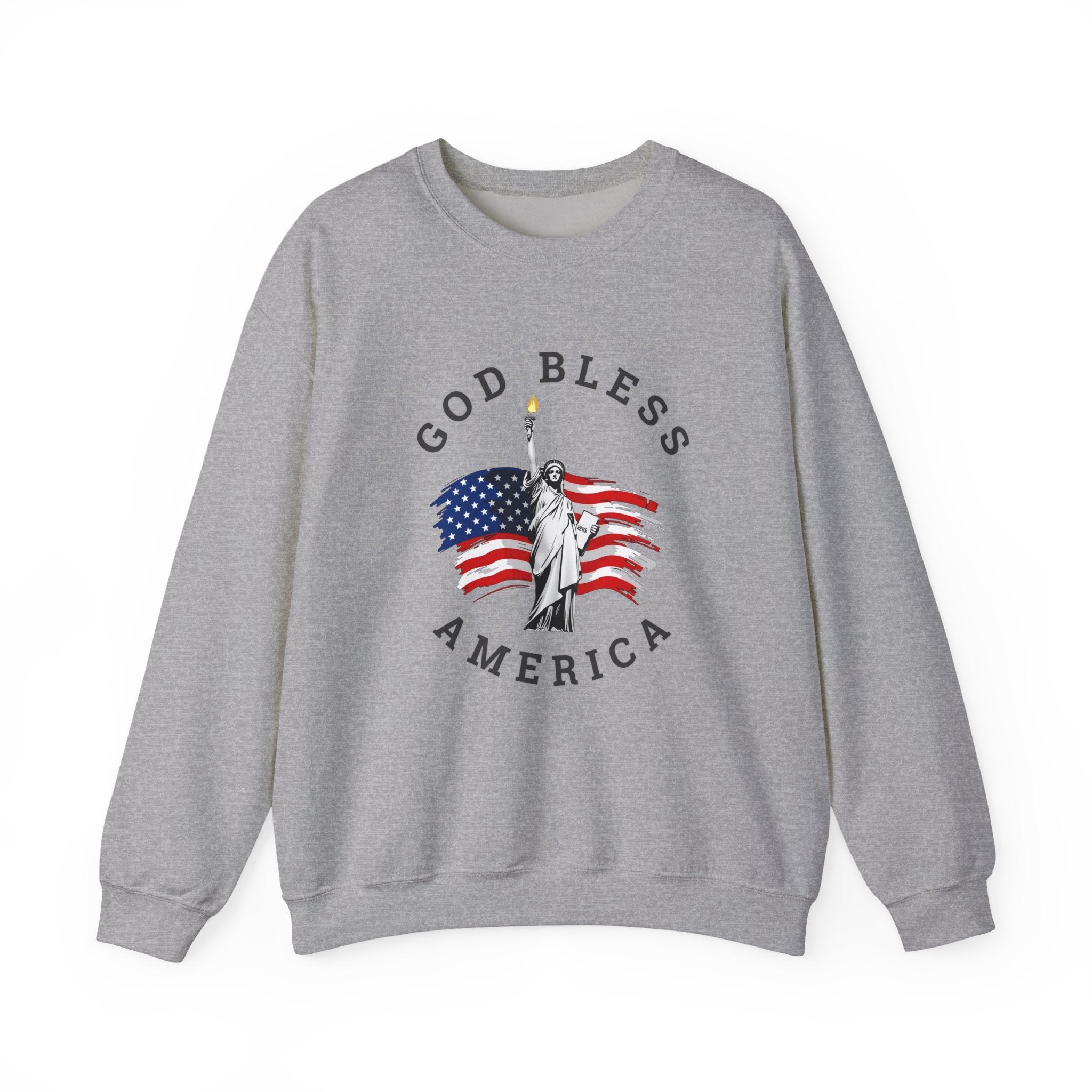 Gray sweatshirt with 'God Bless America' and Statue of Liberty graphic on a white background