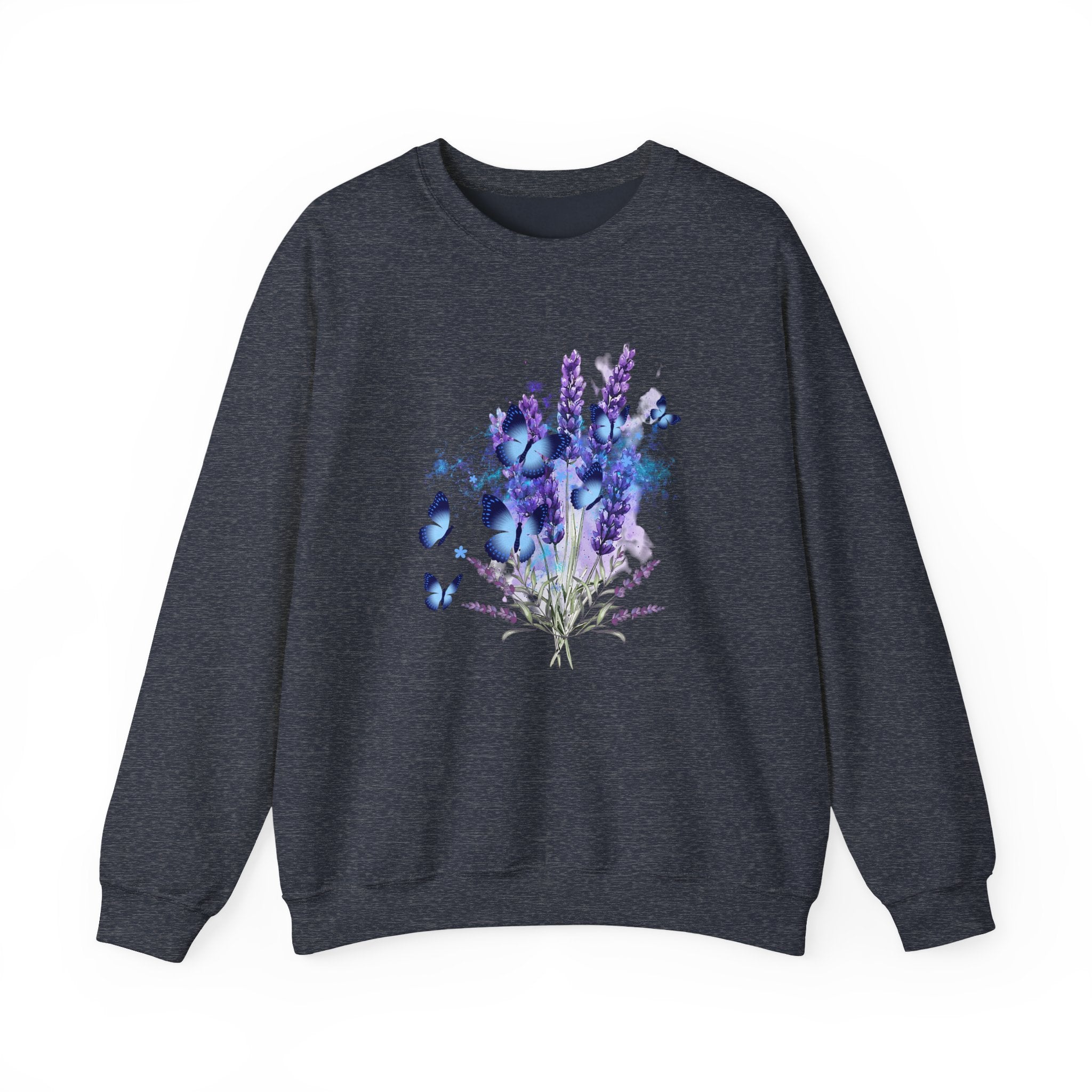 Dark navy sweatshirt with a design of lavender flowers and butterflies on a white background