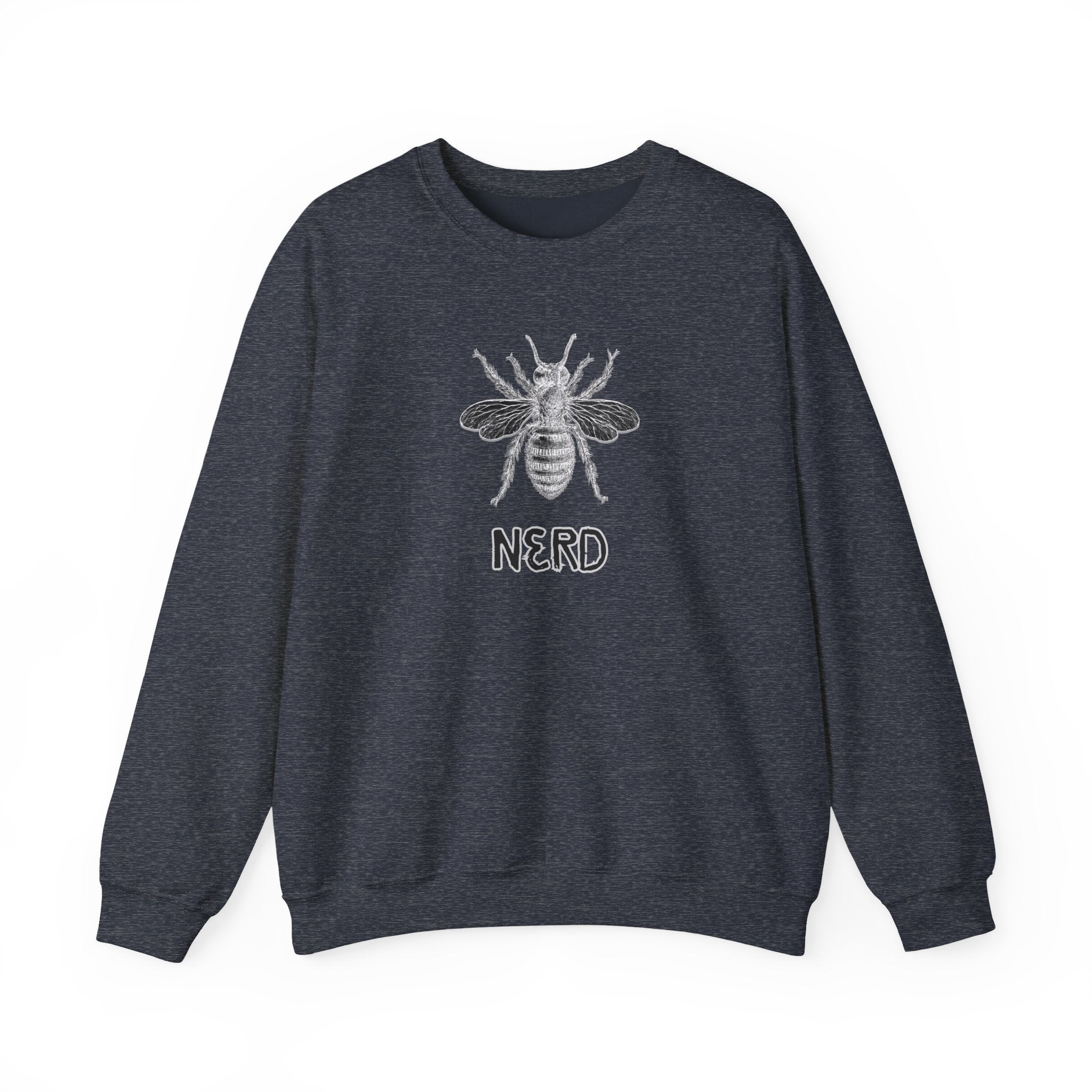 Dark navy sweatshirt with bee graphic and 'NERD' text on a white background