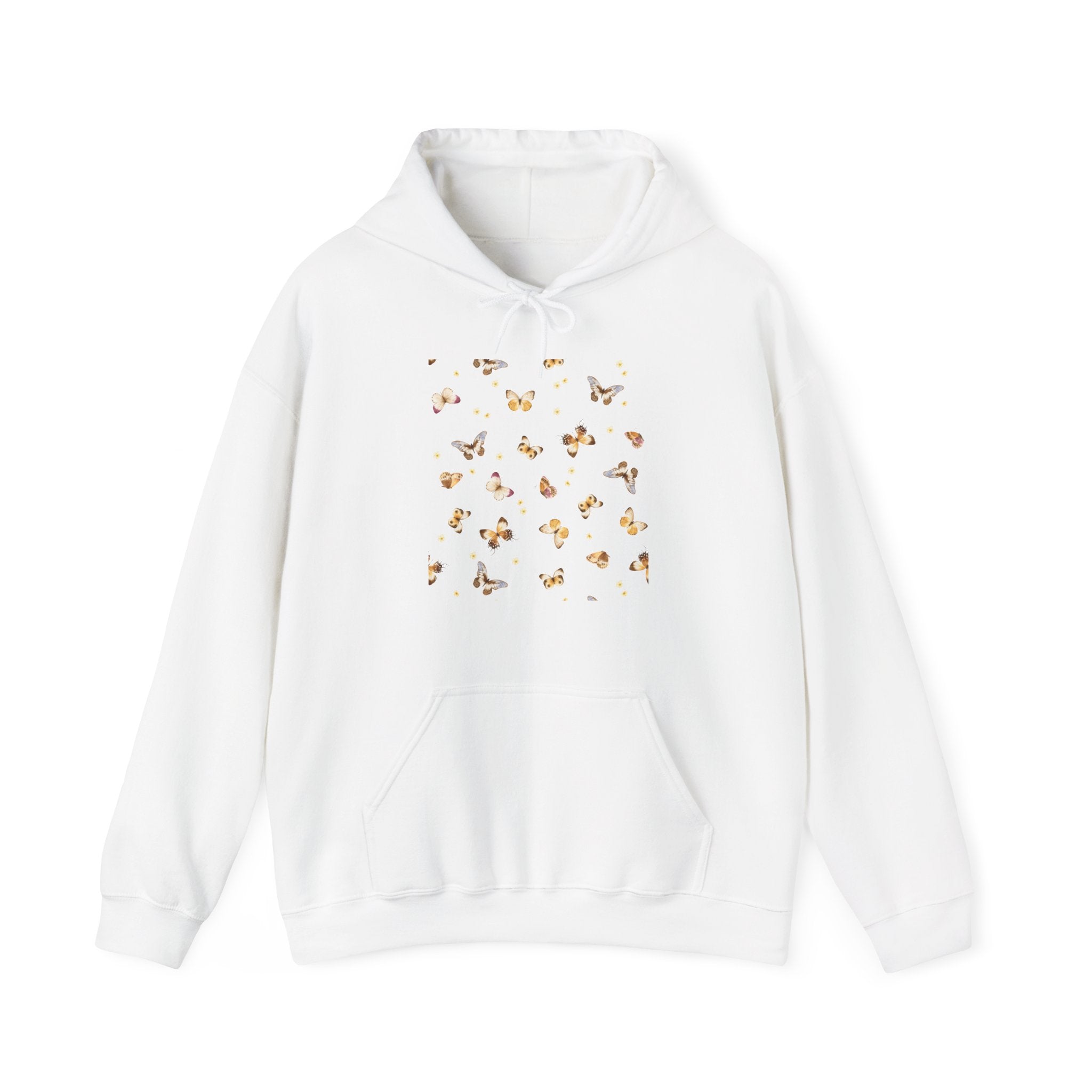 White hoodie with butterfly design on a white background