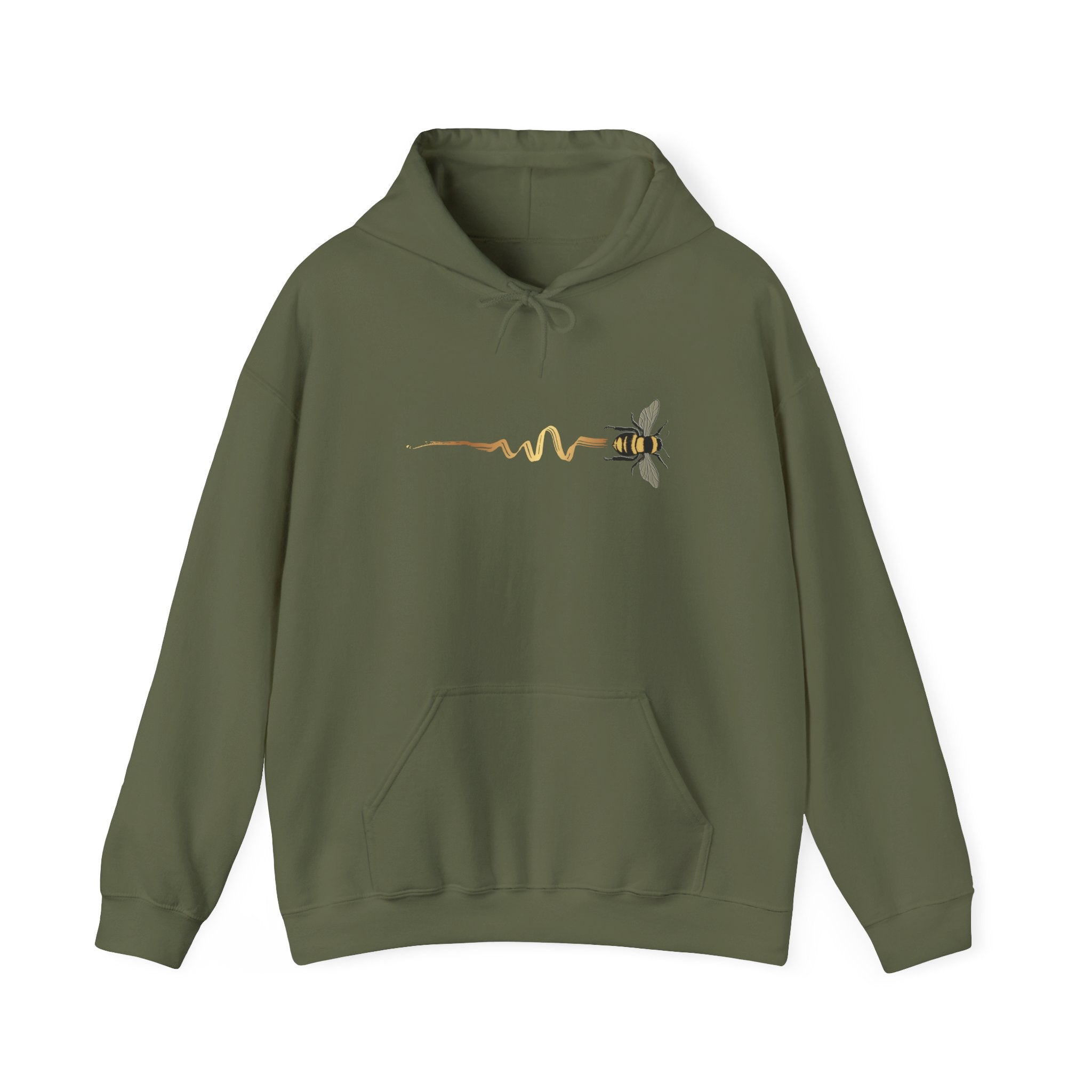 Military green hoodie with a bee design on a white background