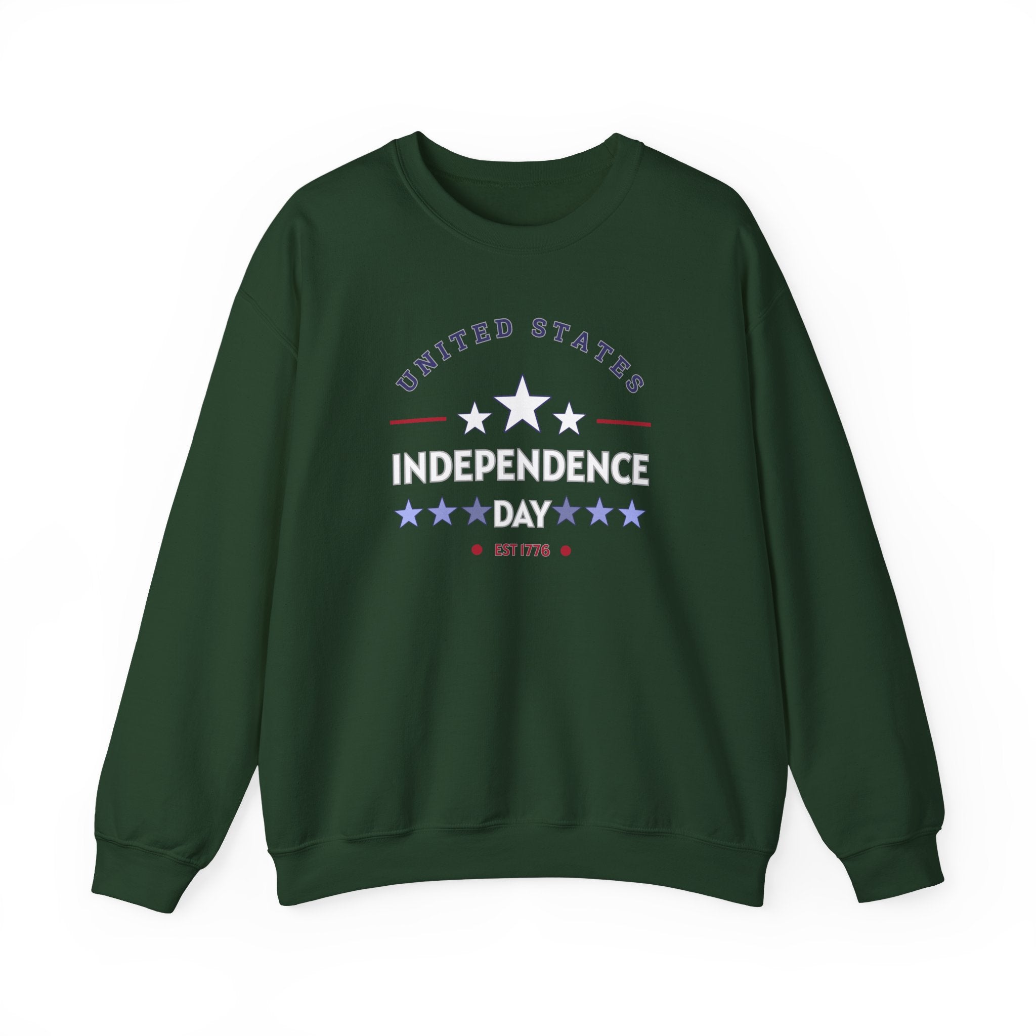 Green sweatshirt with 'United States Independence Day' text and star design on a white background