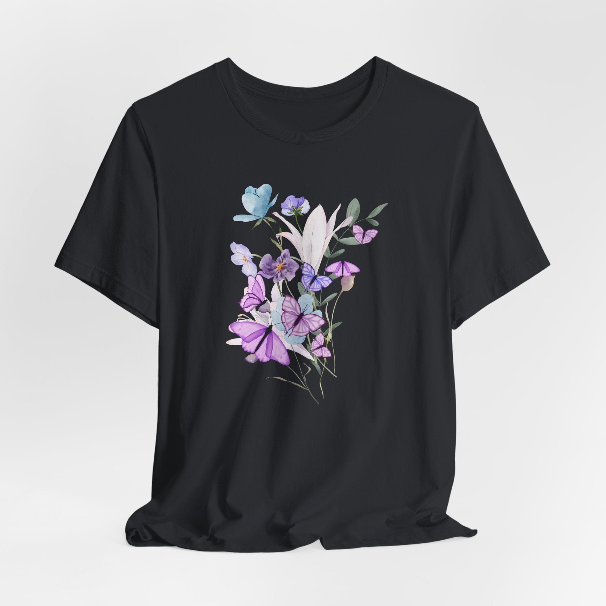 Black t-shirt with floral design on a white background