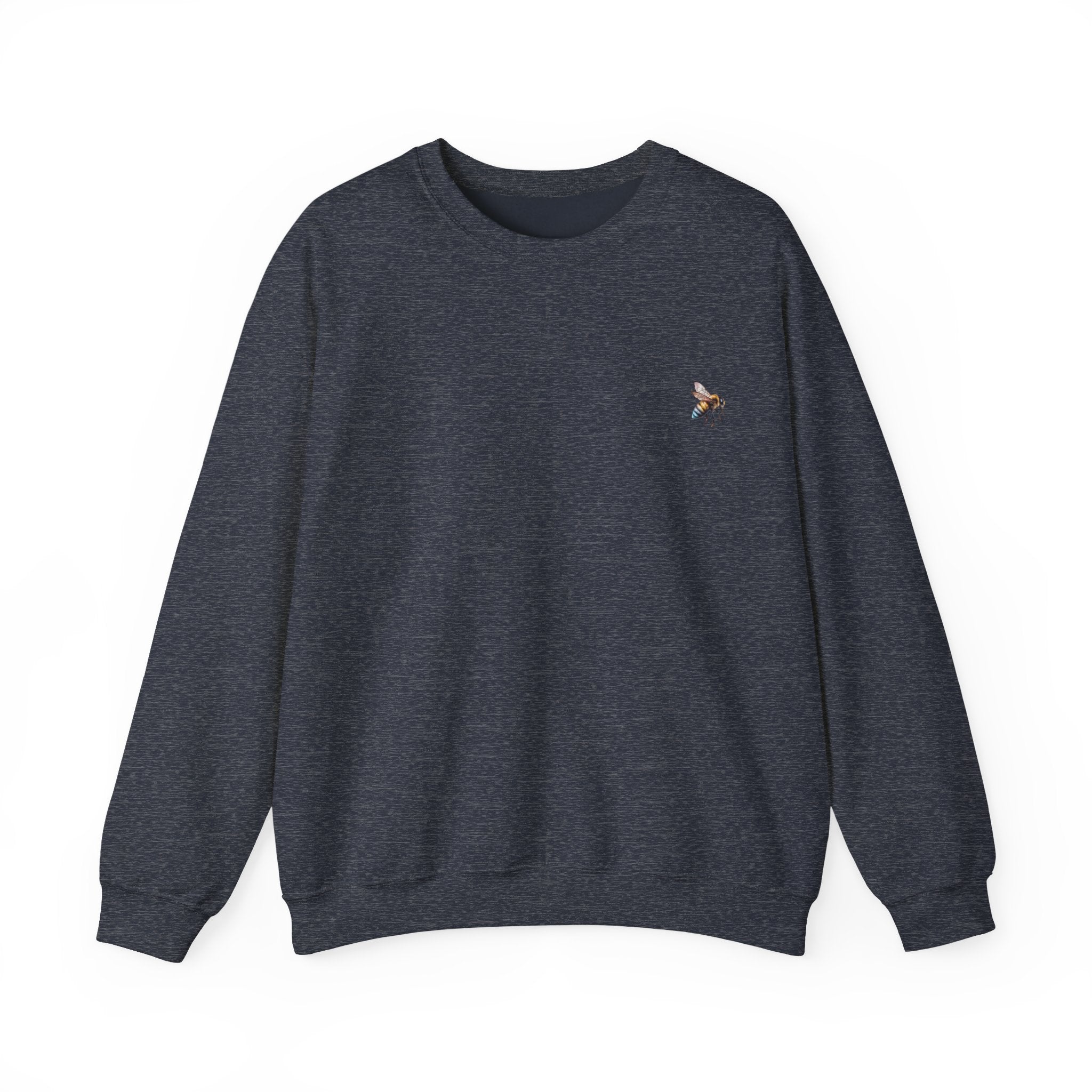 Dark navy sweatshirt with a small bee logo on a white background
