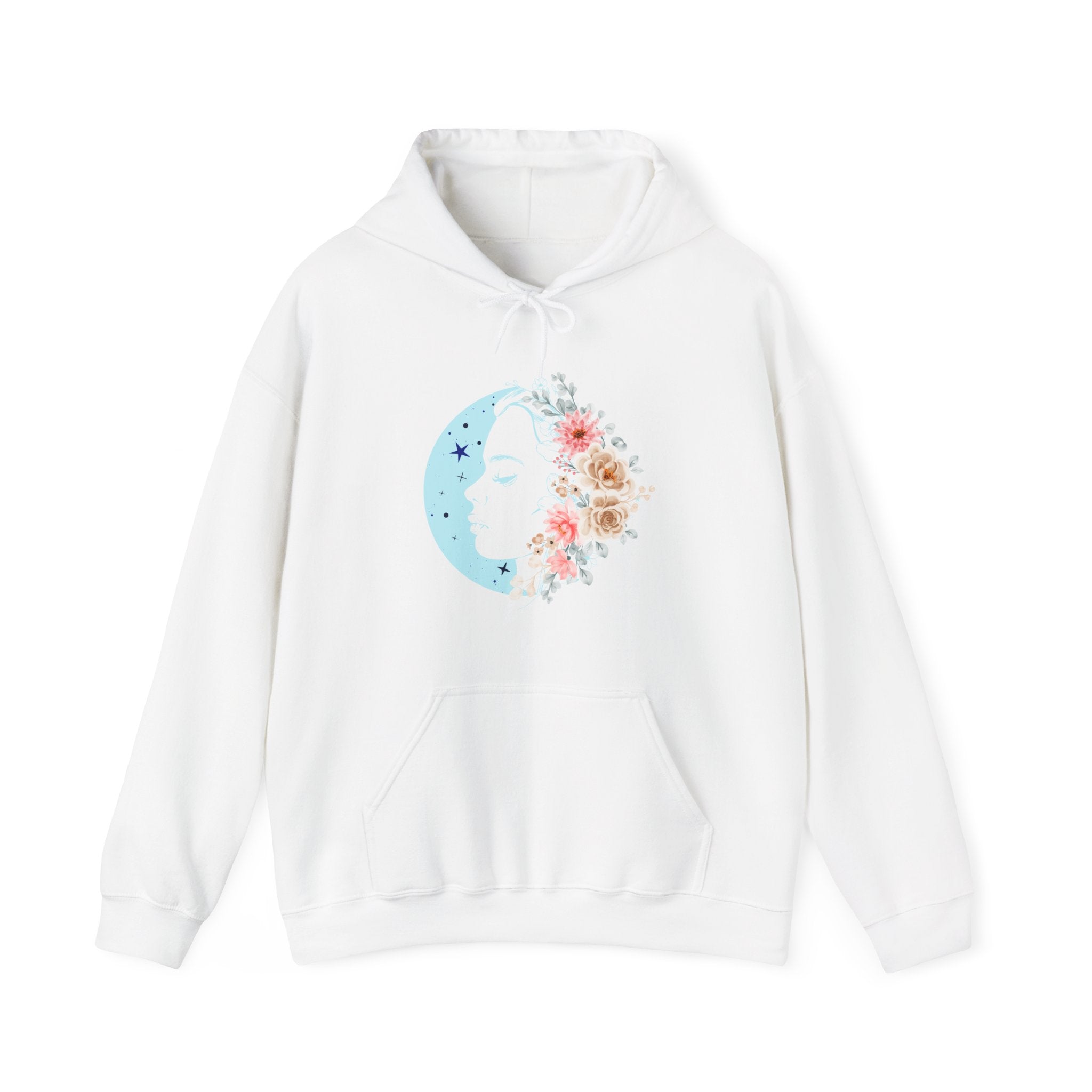 White hoodie with floral face moon design on a white background