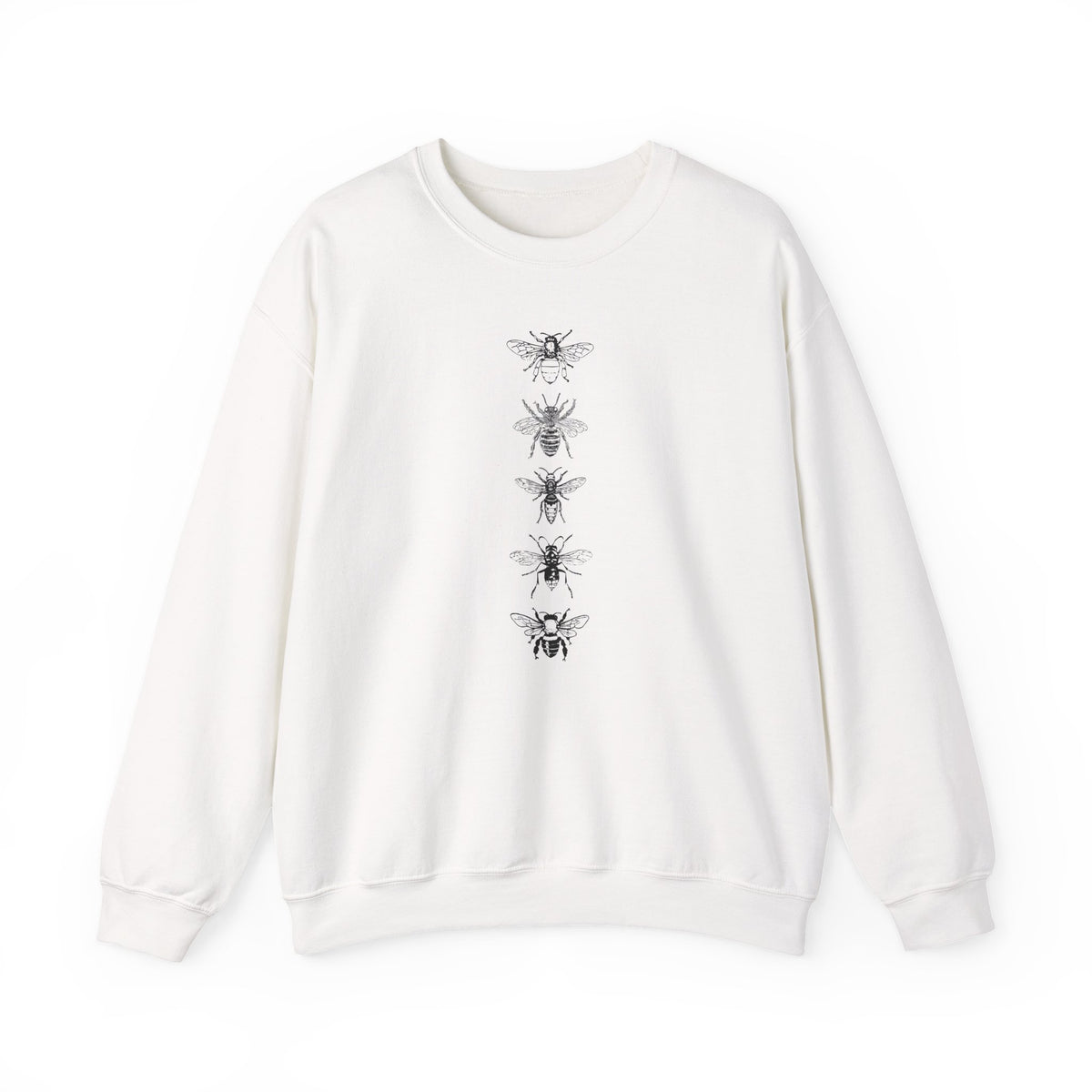 White sweatshirt with black bee illustrations on a white background