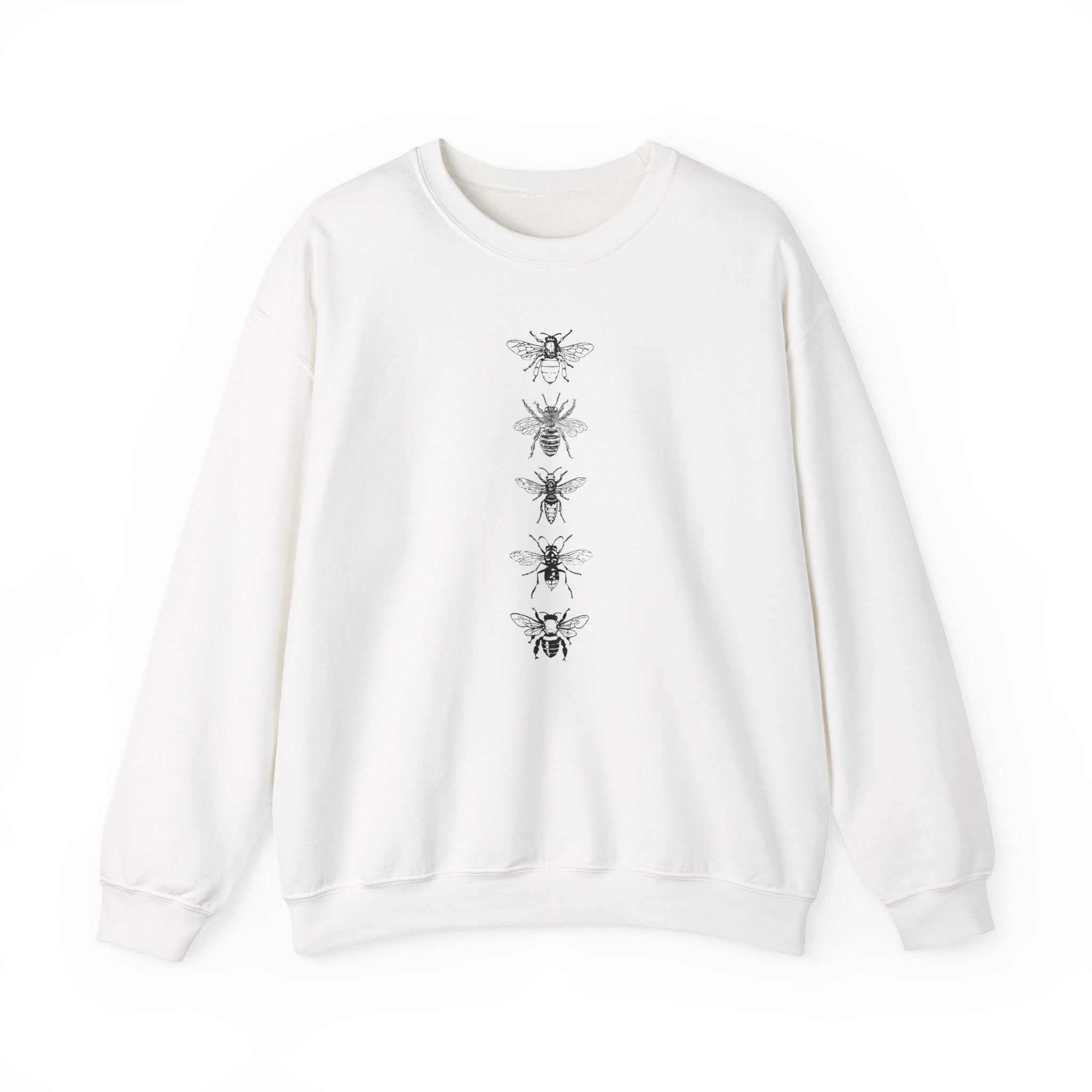 White sweatshirt with black bee illustrations on a white background