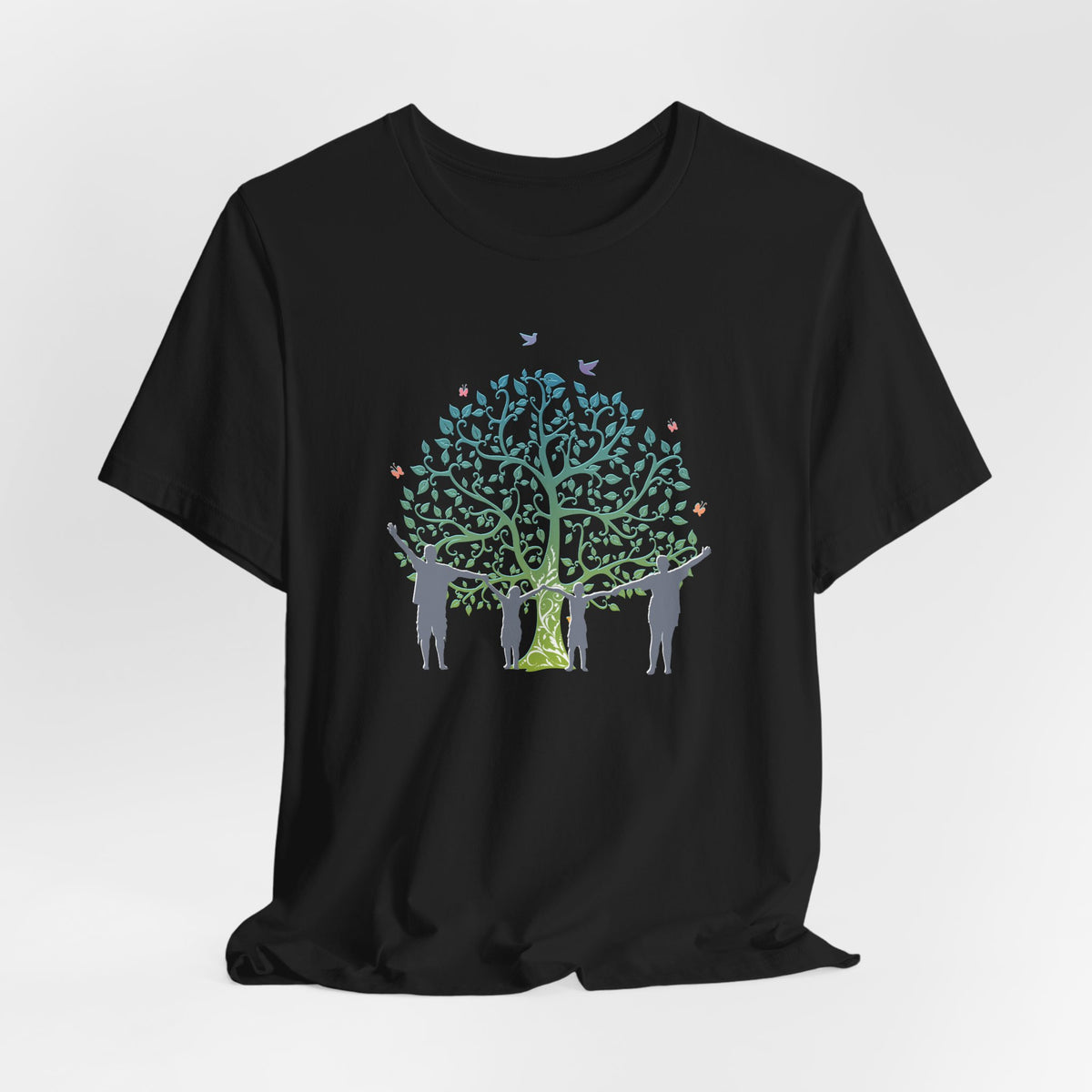 Black t-shirt with a colorful tree and people design on a white background