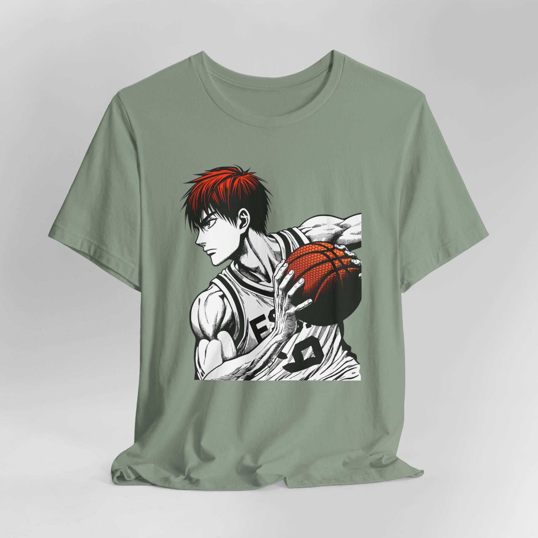 Green t-shirt with a graphic of a basketball player on a gray background