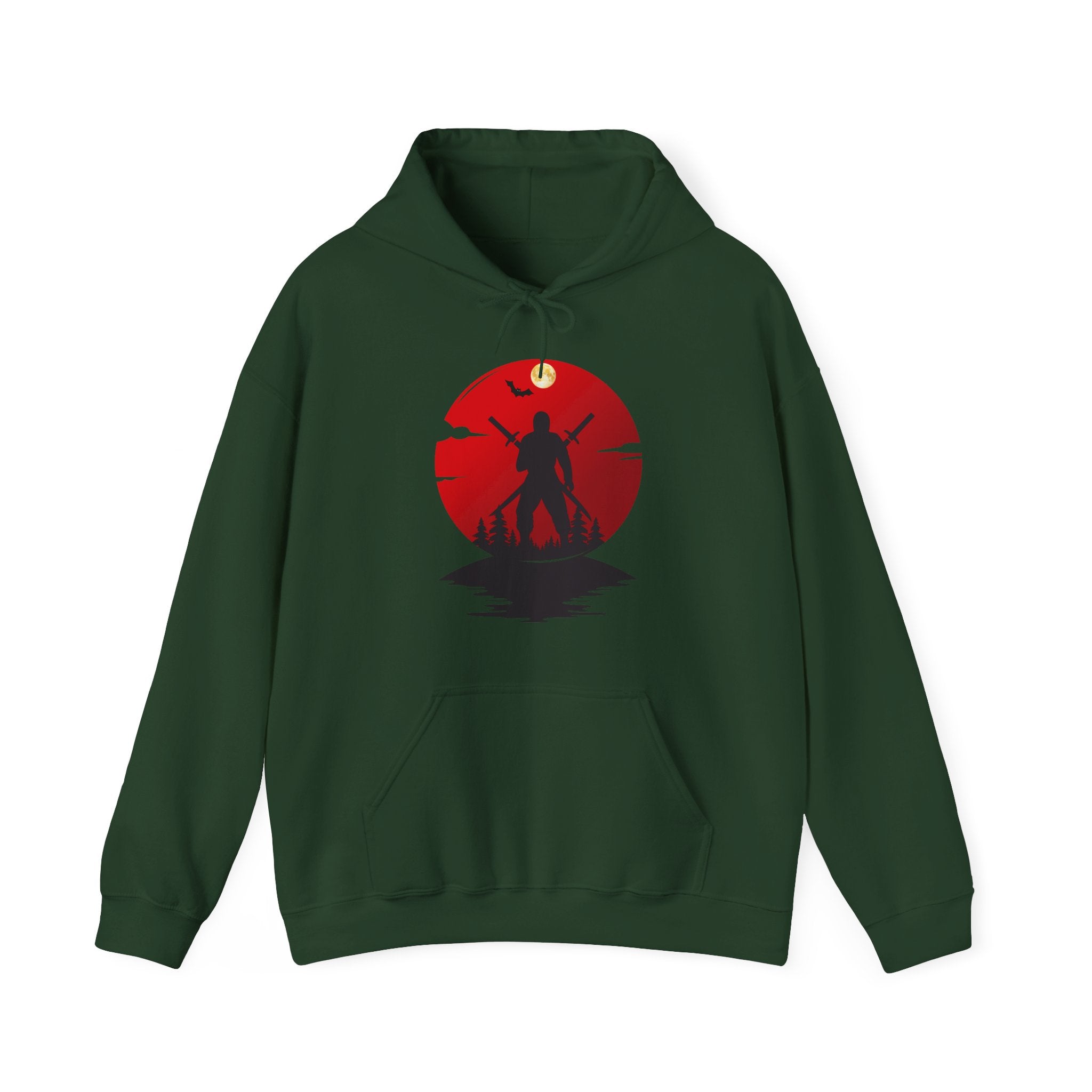 Green hoodie with a red and black graphic on a white background