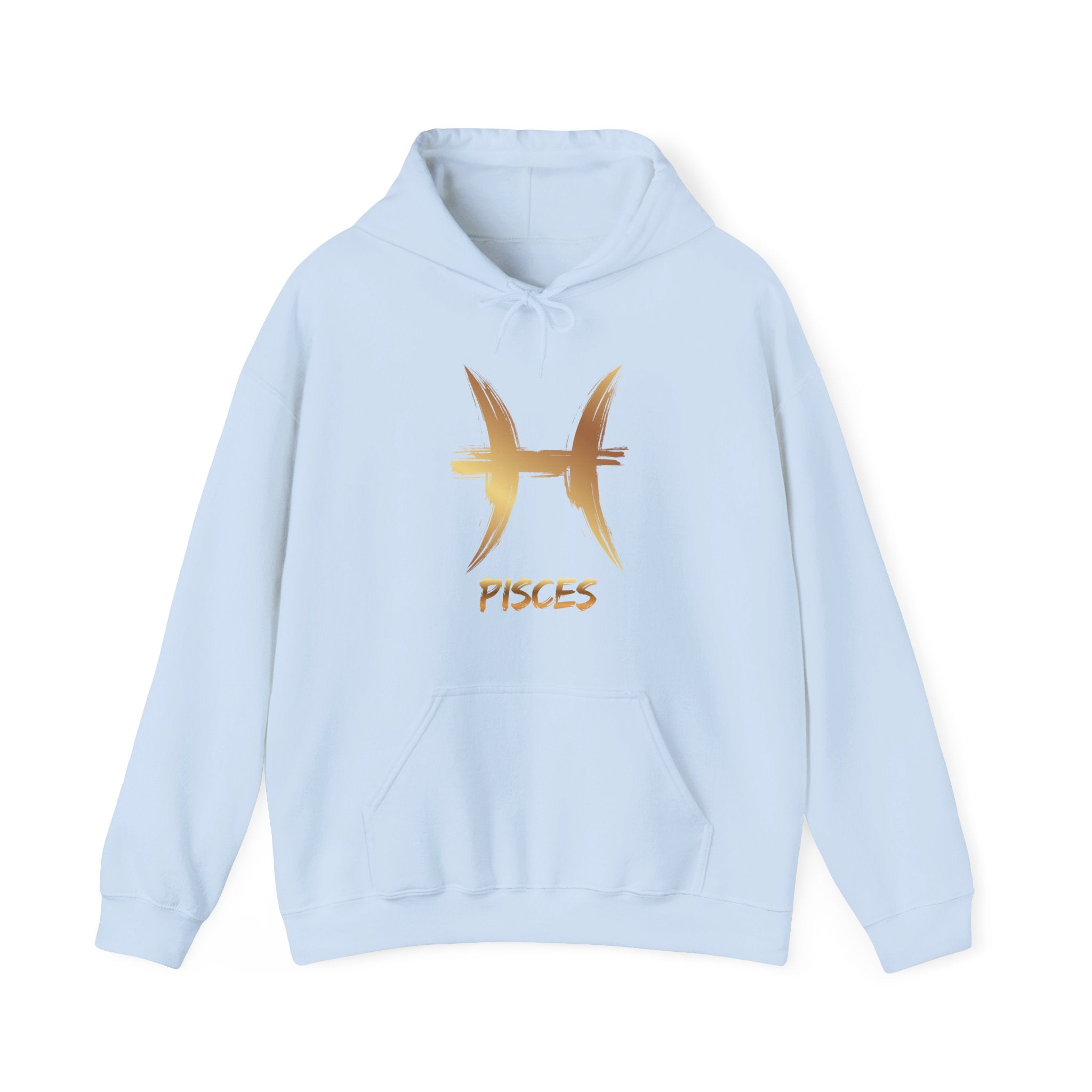 Light blue hoodie with gold Pisces symbol and text on a white background