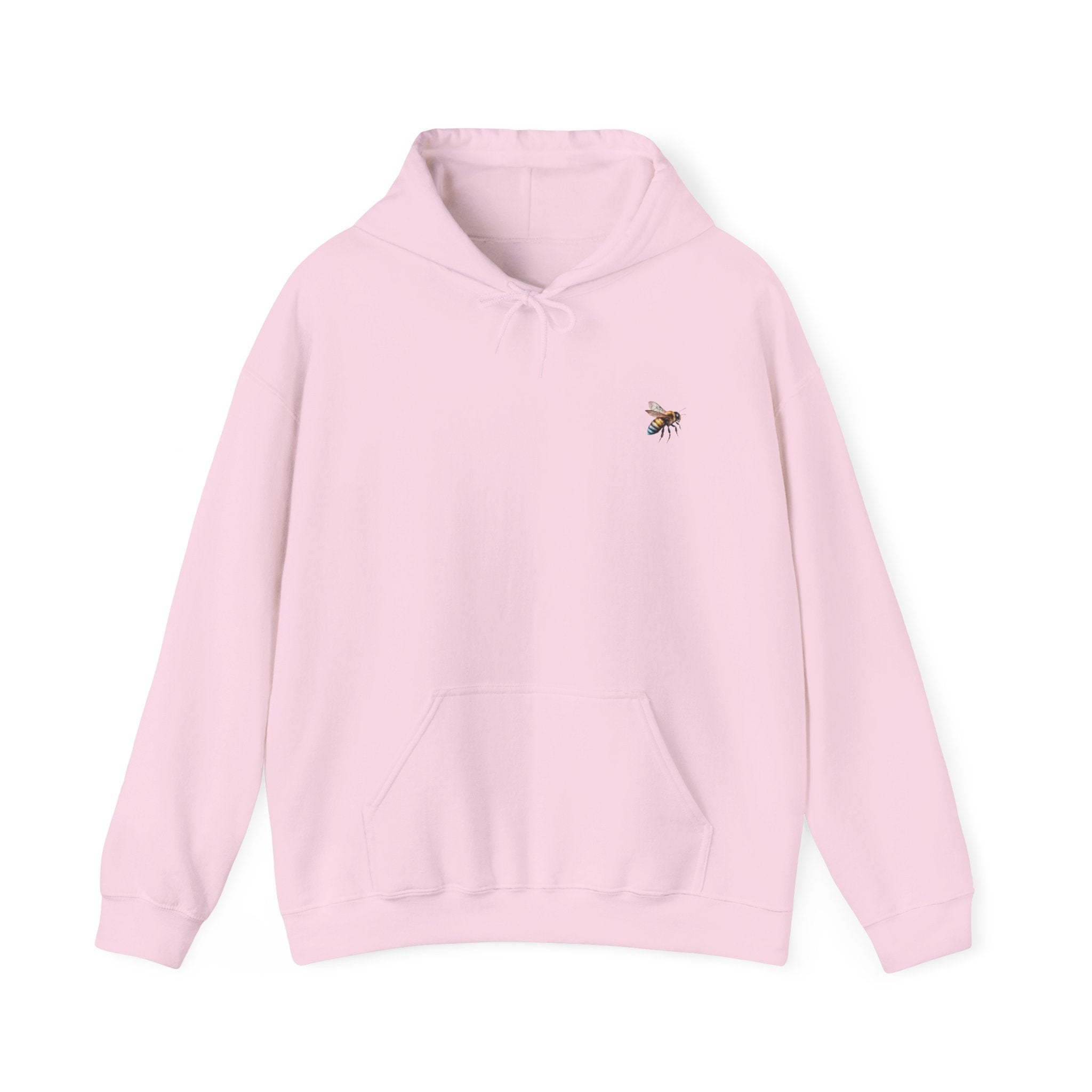 Pink hoodie with a small bee logo on a white background