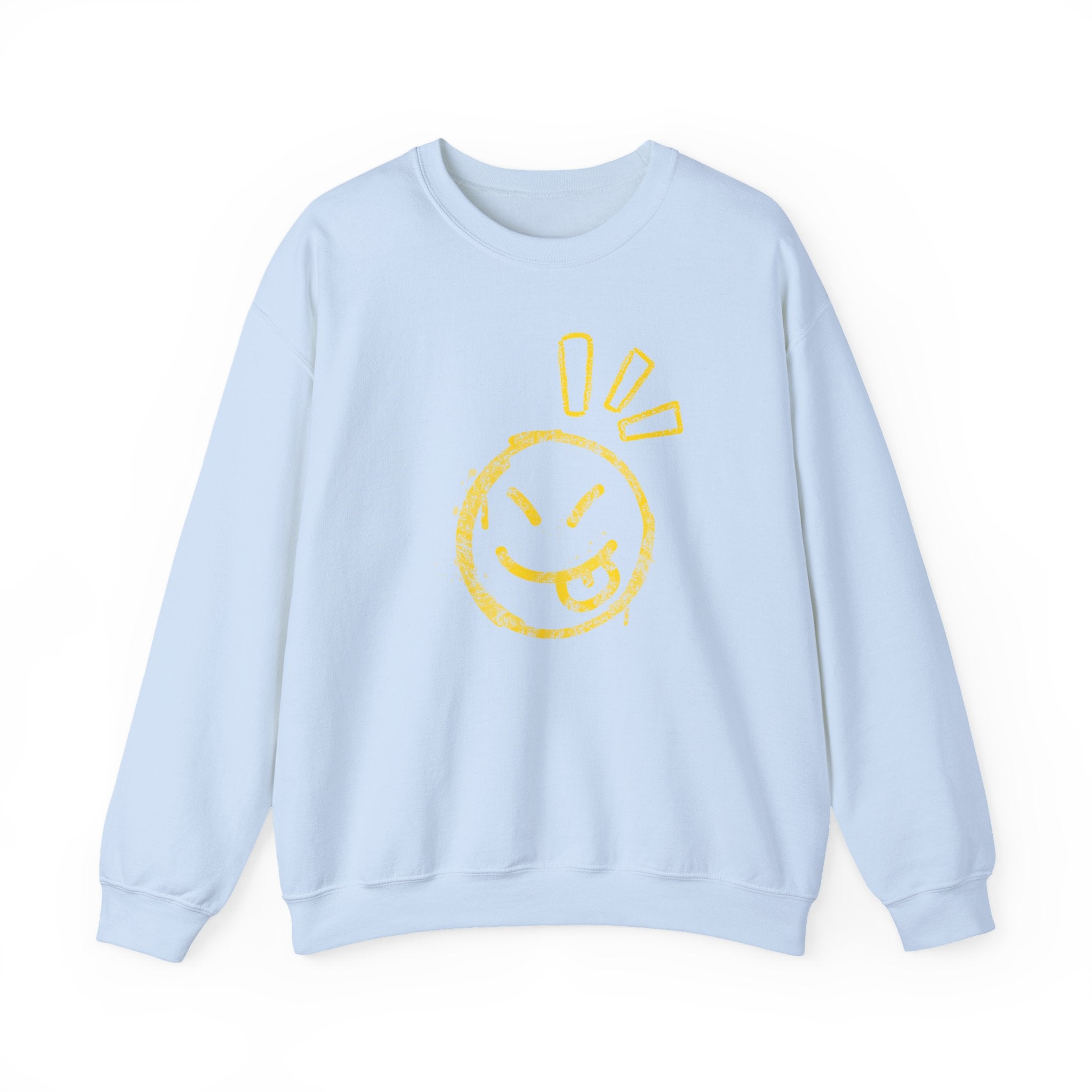Light blue sweatshirt with a yellow graphic on a white background