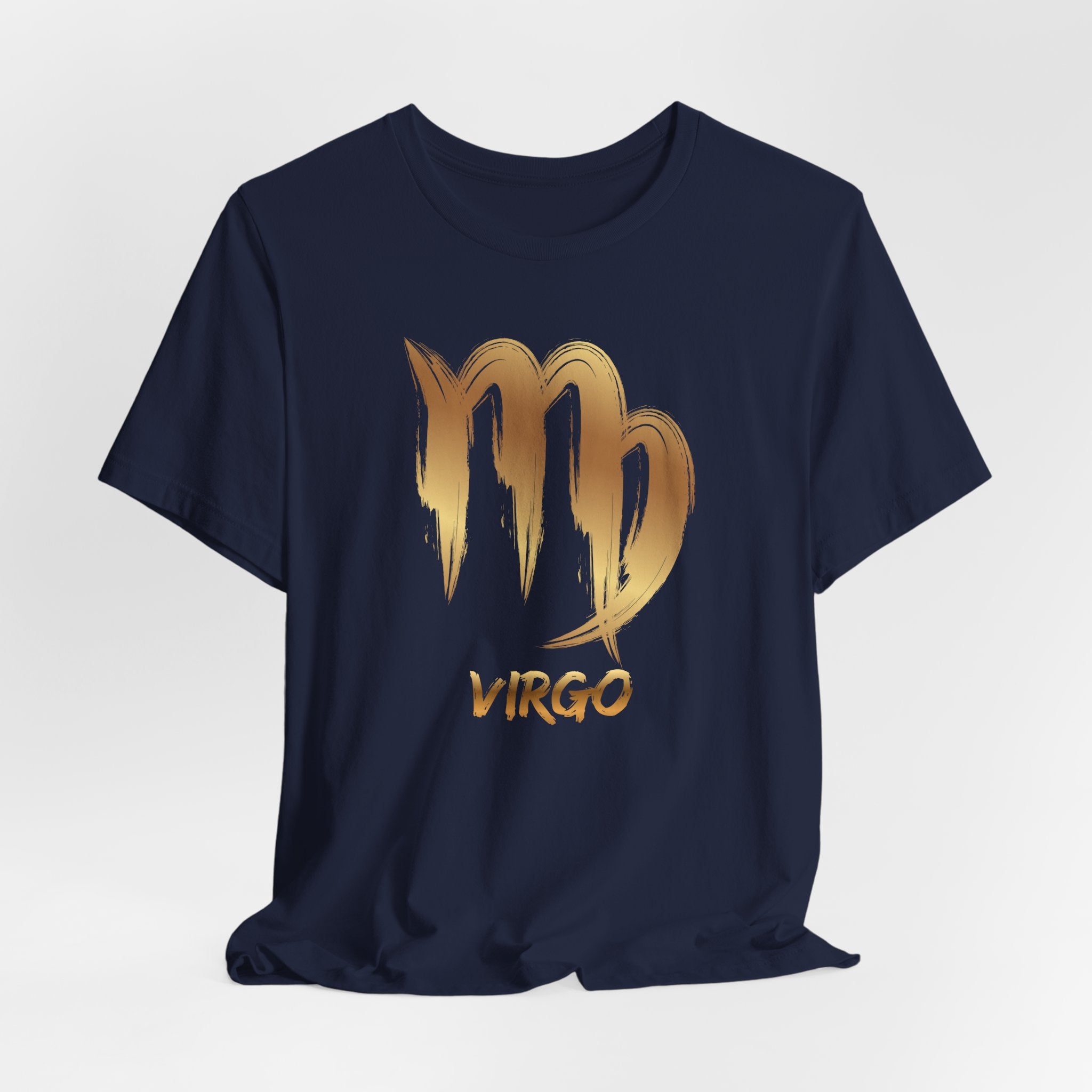 Navy blue t-shirt with gold 'Virgo' design on a light gray background