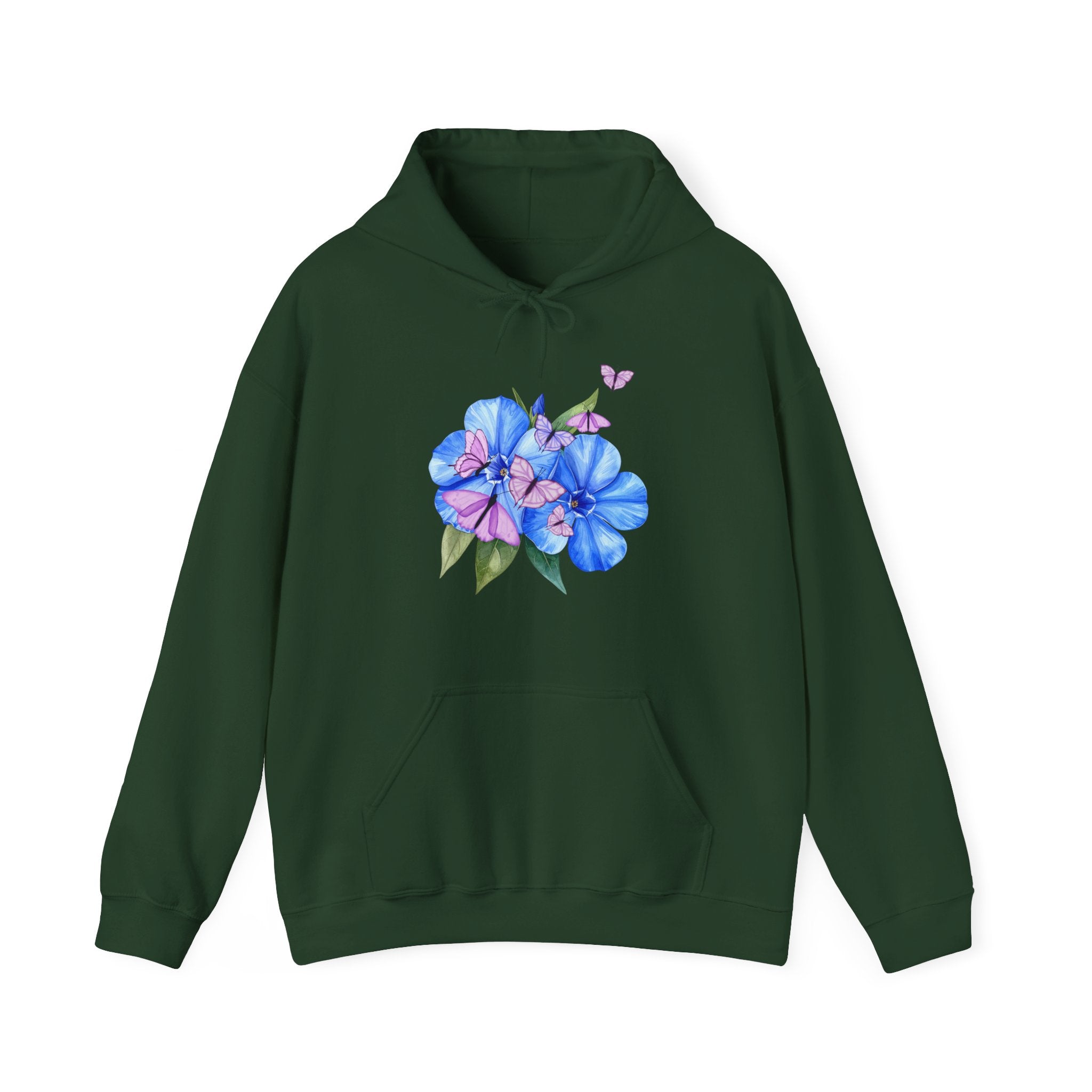 Green hoodie with floral design on a white background