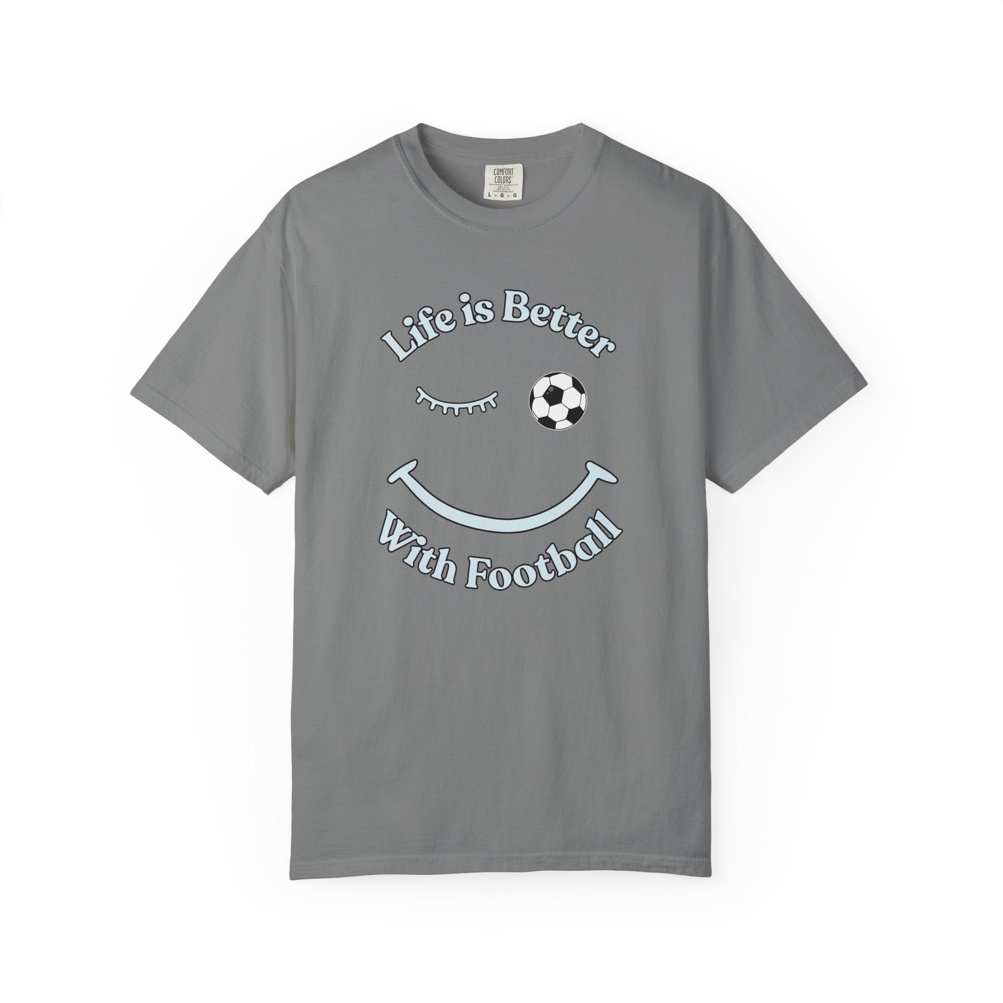 Gray t-shirt with 'Life is Better With Football' text and smiley face design on a white background