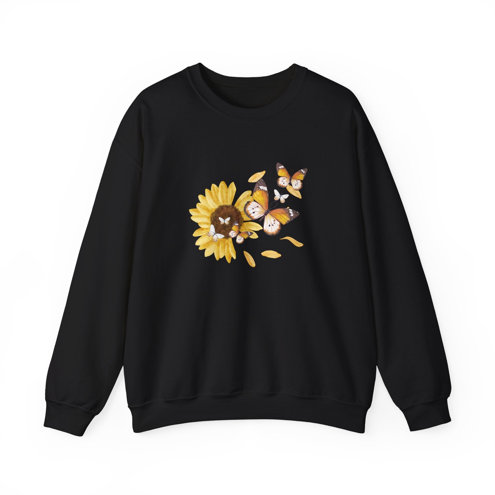 Black sweatshirt with a sunflower and butterfly design on a white background