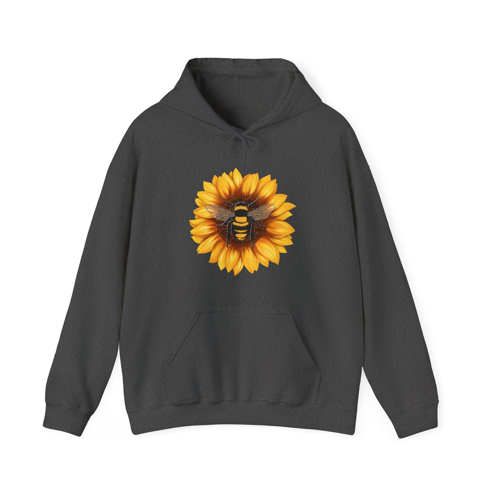 Dark gray hoodie with a sunflower and bee design on a white background