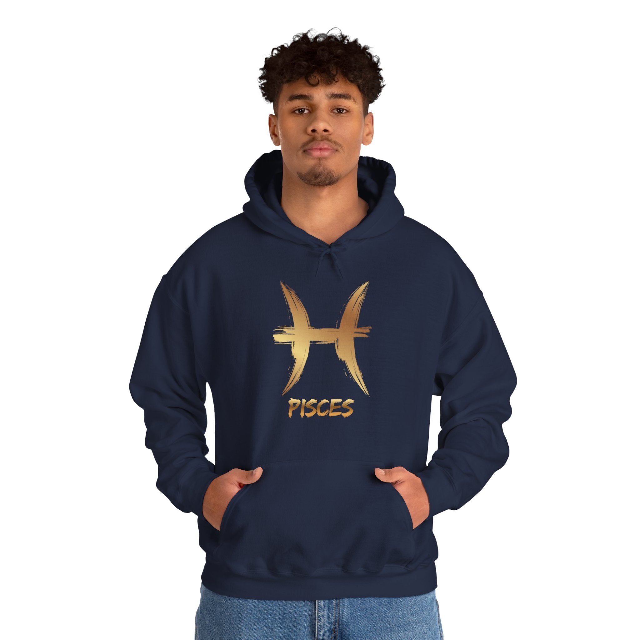Person wearing a navy blue hoodie with gold Pisces symbol and text on a white background